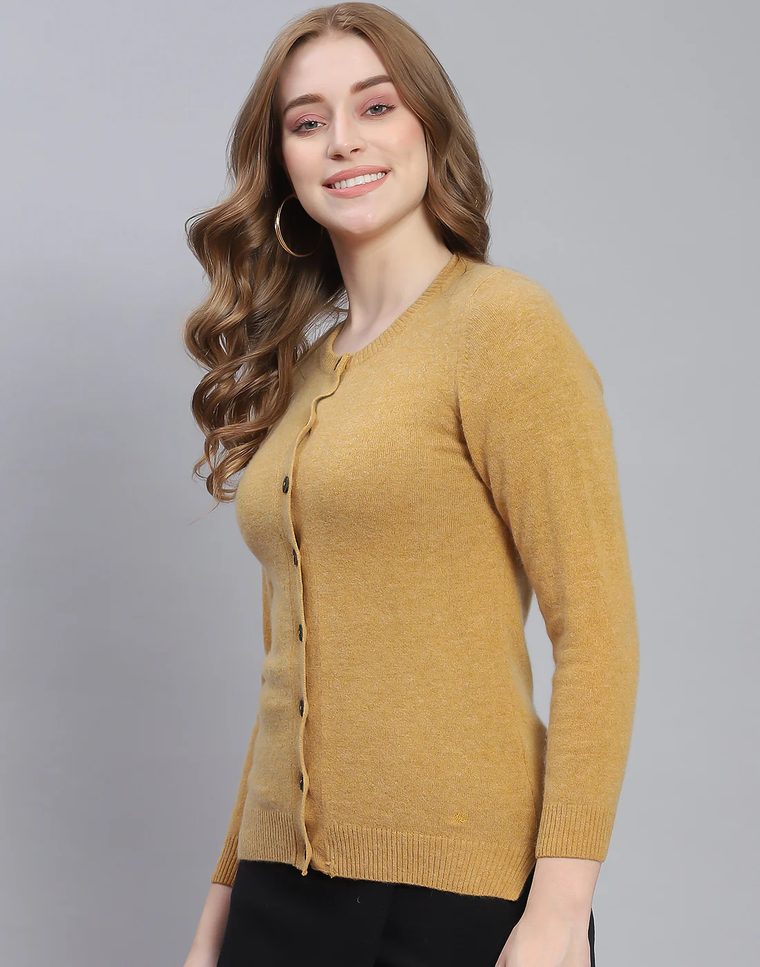 Women Brown Solid Round Neck Full Sleeve Cardigan - Image 3