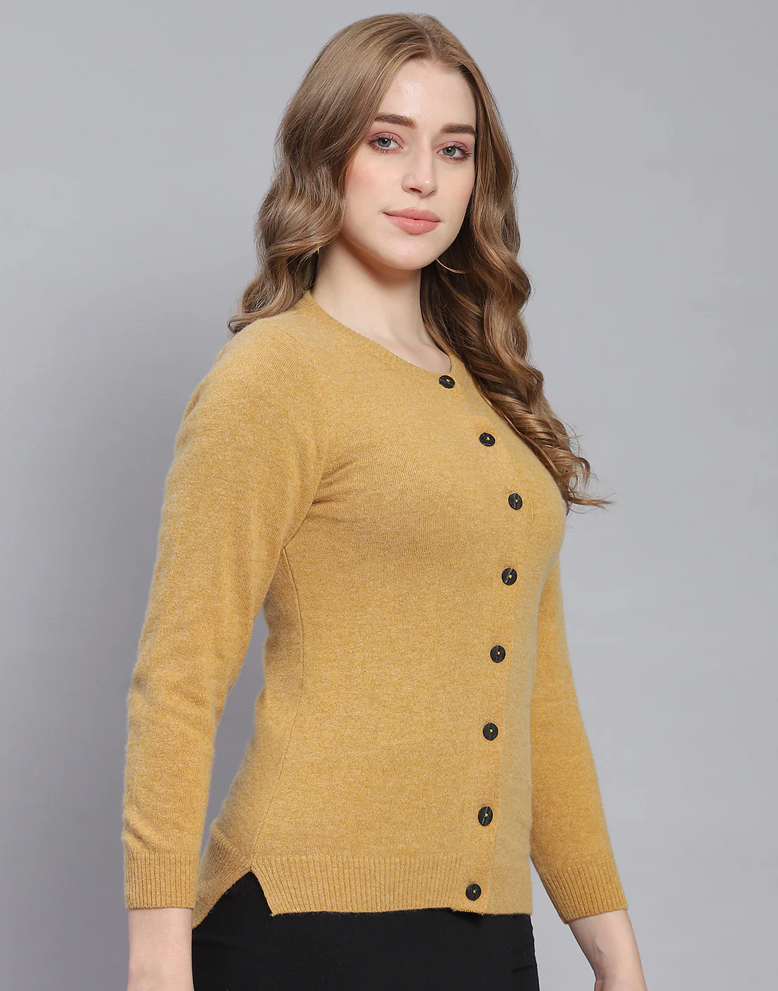 Women Brown Solid Round Neck Full Sleeve Cardigan - Image 4