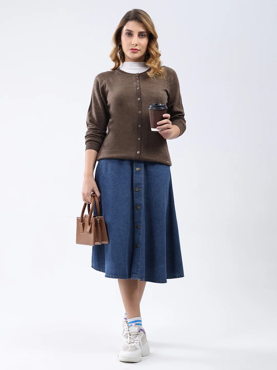 Women Brown Solid Round Neck Full Sleeve Cardigan - Image 2