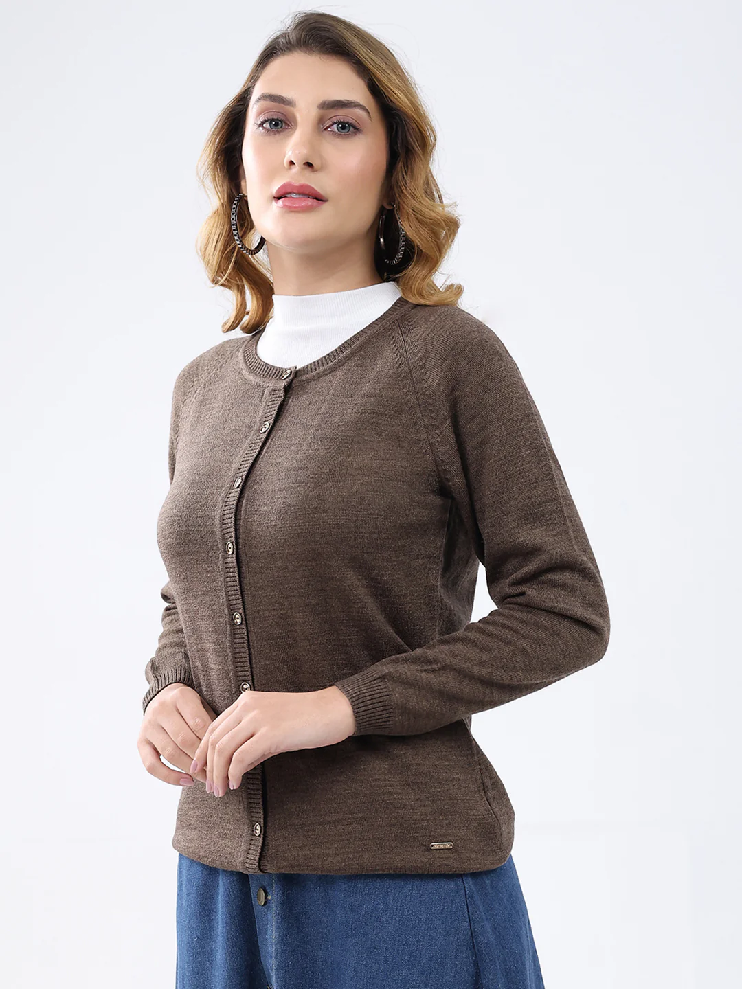 Women Brown Solid Round Neck Full Sleeve Cardigan - Image 3