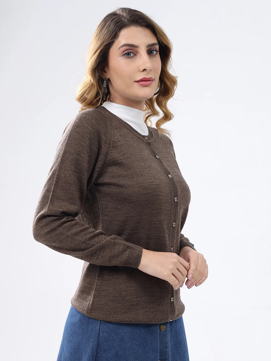 Women Brown Solid Round Neck Full Sleeve Cardigan - Image 4