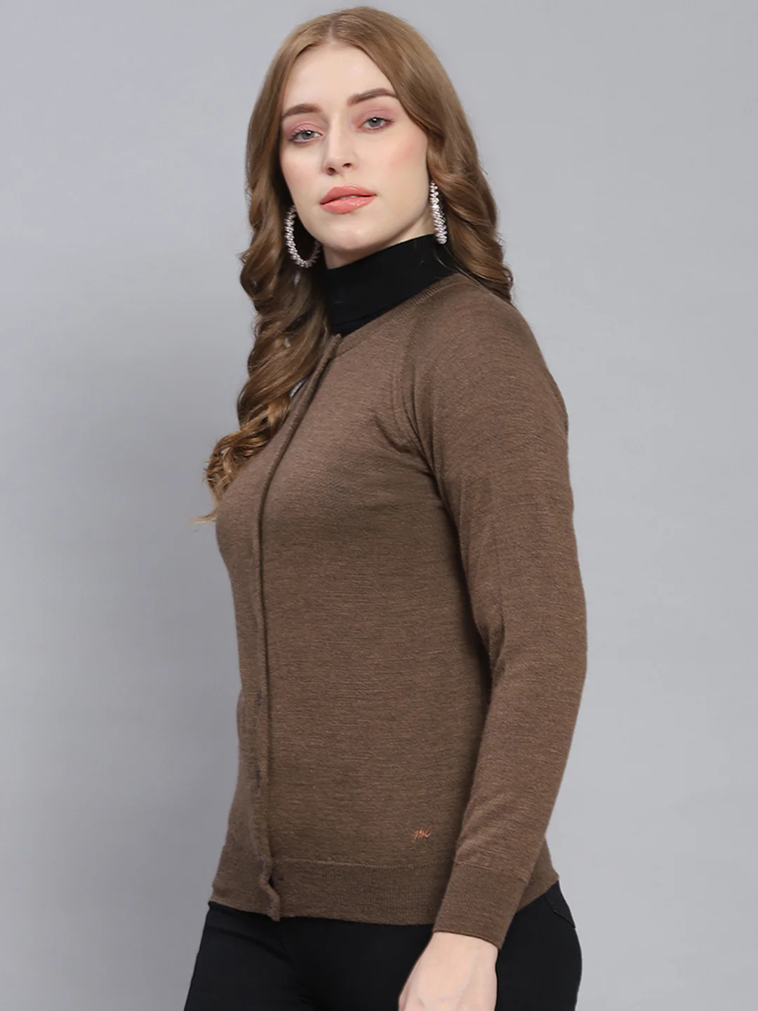 Women Brown Solid Round Neck Full Sleeve Cardigans - Image 3