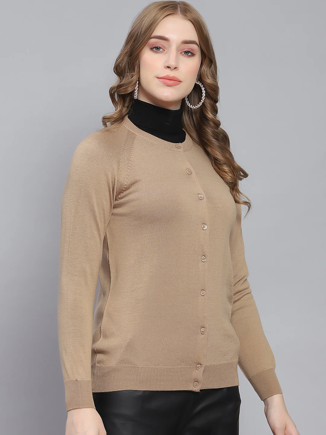 Women Brown Solid Round Neck Full Sleeve Cardigans - Image 4