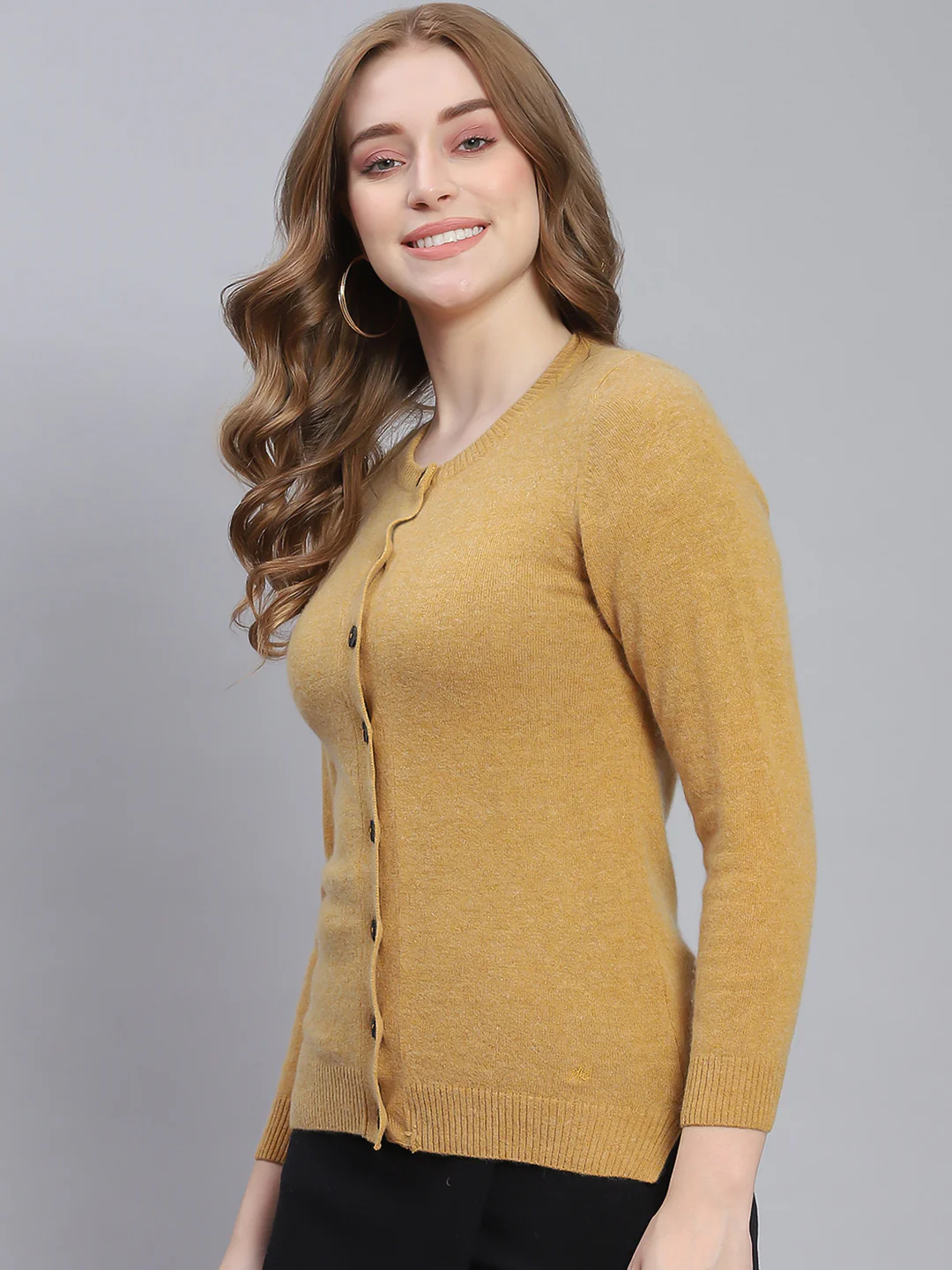 Women Brown Solid Round Neck Full Sleeve Cardigans - Image 3