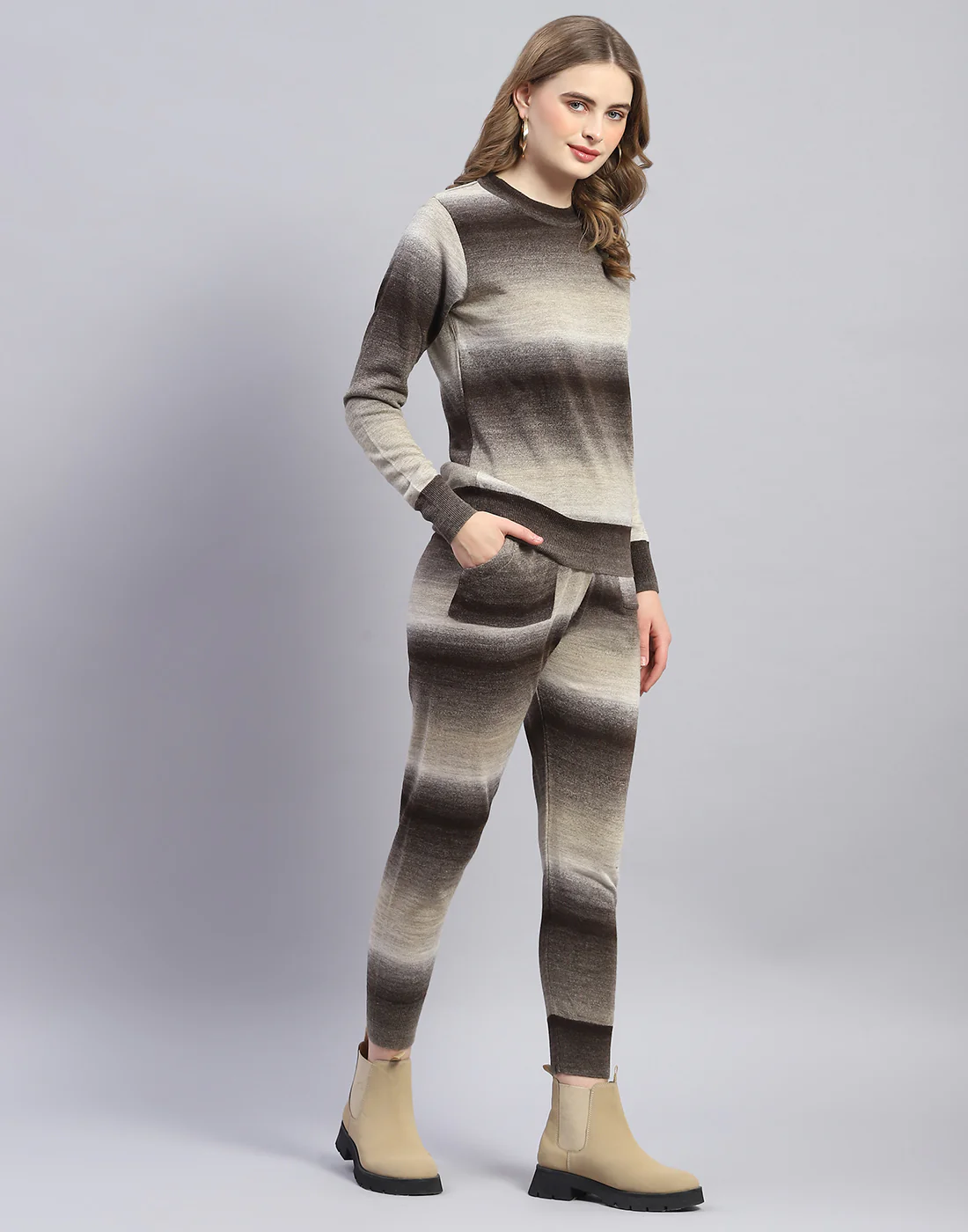 Women Brown Solid Round Neck Full Sleeve Cords Set - Image 4