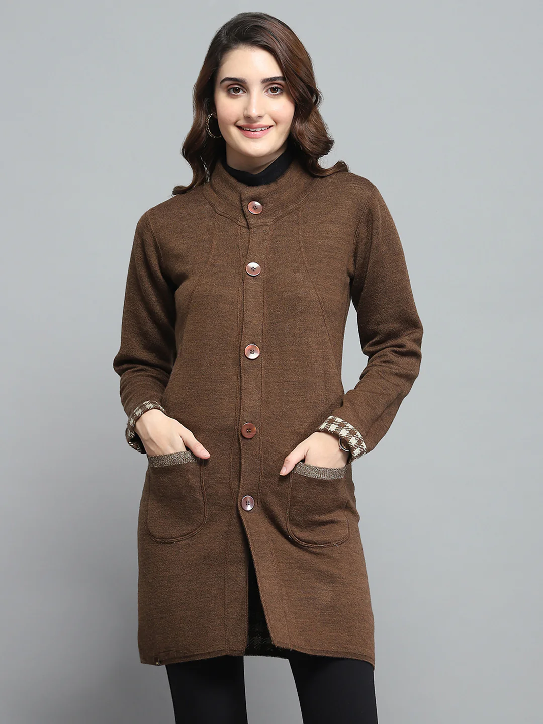 Women Brown Solid Round Neck Full Sleeve Knitted Coat - Image 7