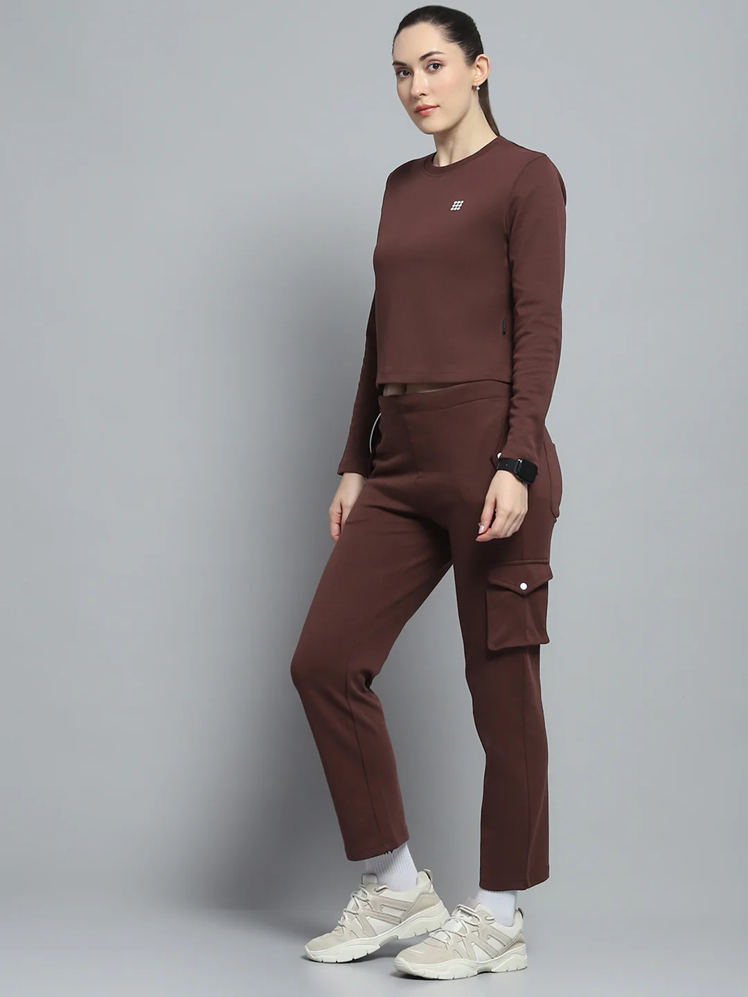 Rock.it Women Brown Solid Round Neck Full Sleeve Tracksuit - Image 3