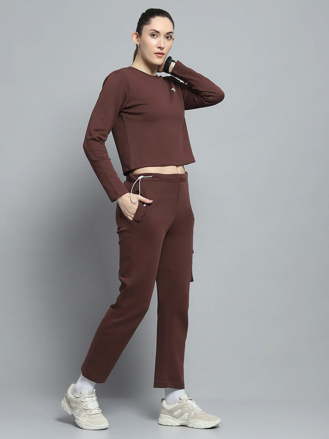 Rock.it Women Brown Solid Round Neck Full Sleeve Tracksuit - Image 4