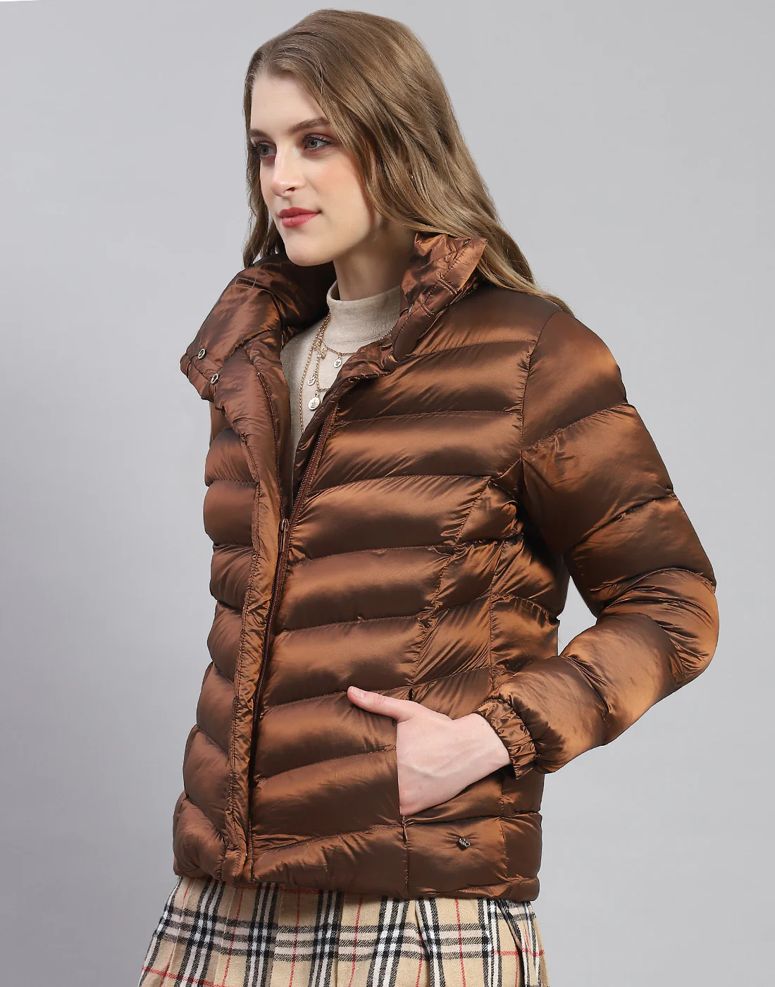 Women Brown Solid Stand Collar Full Sleeve Jacket - Image 3