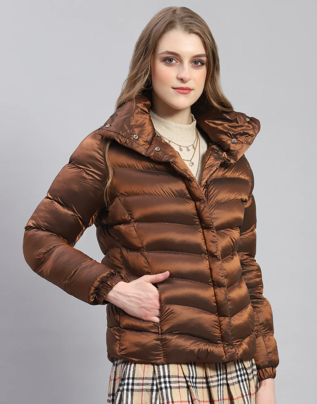 Women Brown Solid Stand Collar Full Sleeve Jacket - Image 4