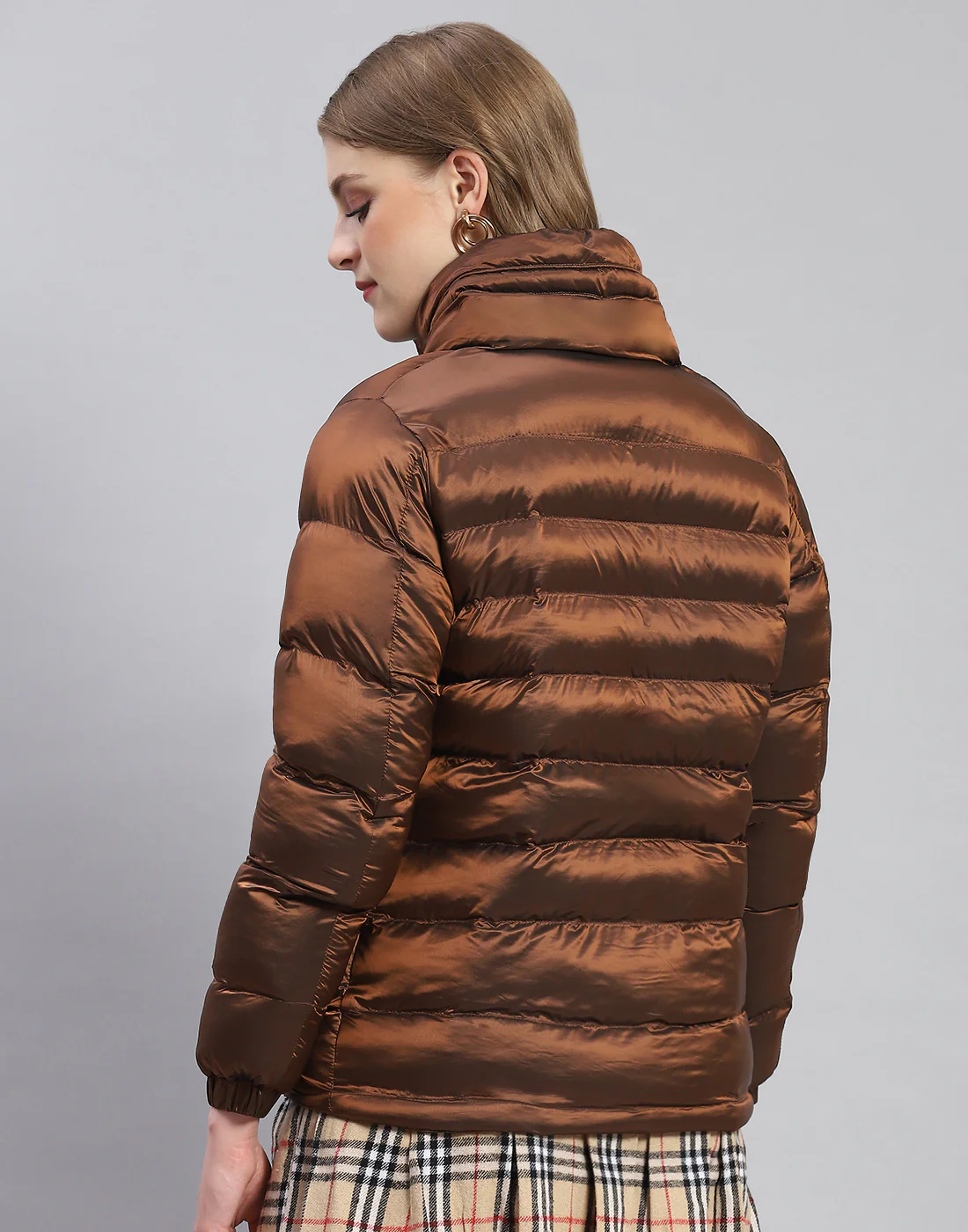 Women Brown Solid Stand Collar Full Sleeve Jacket - Image 5