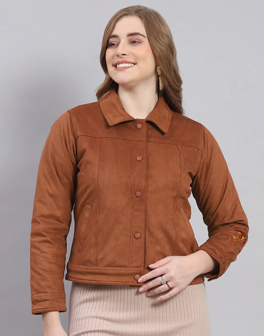 Women Brown Solid Stand Collar Full Sleeve Jacket - Image 2