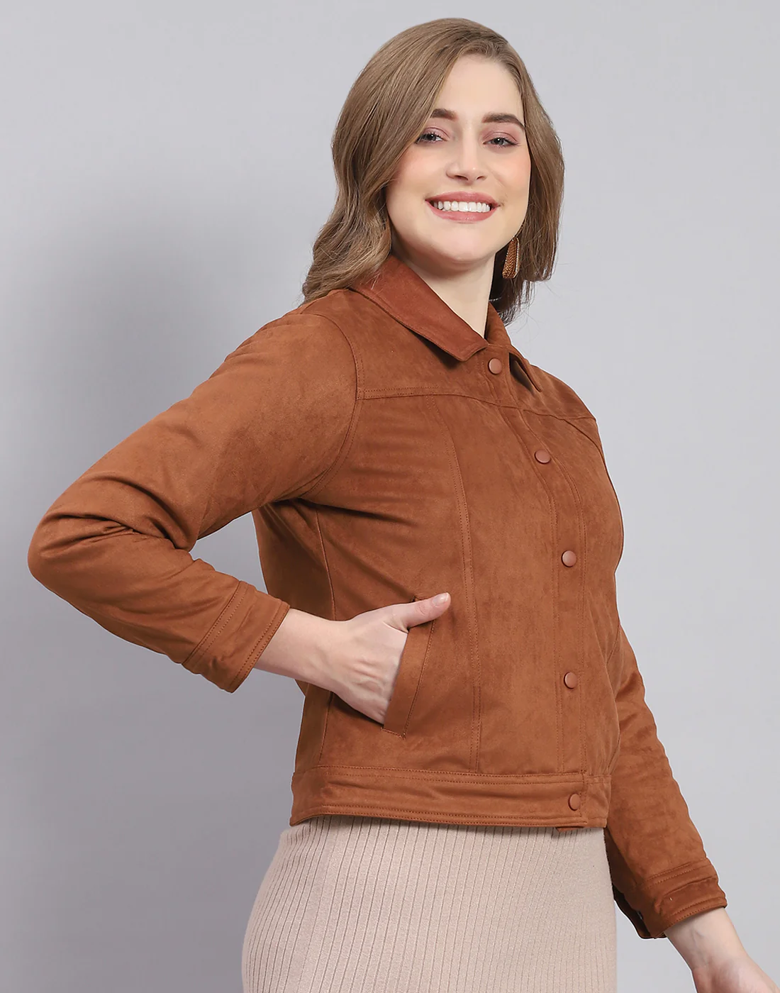 Women Brown Solid Stand Collar Full Sleeve Jacket - Image 4