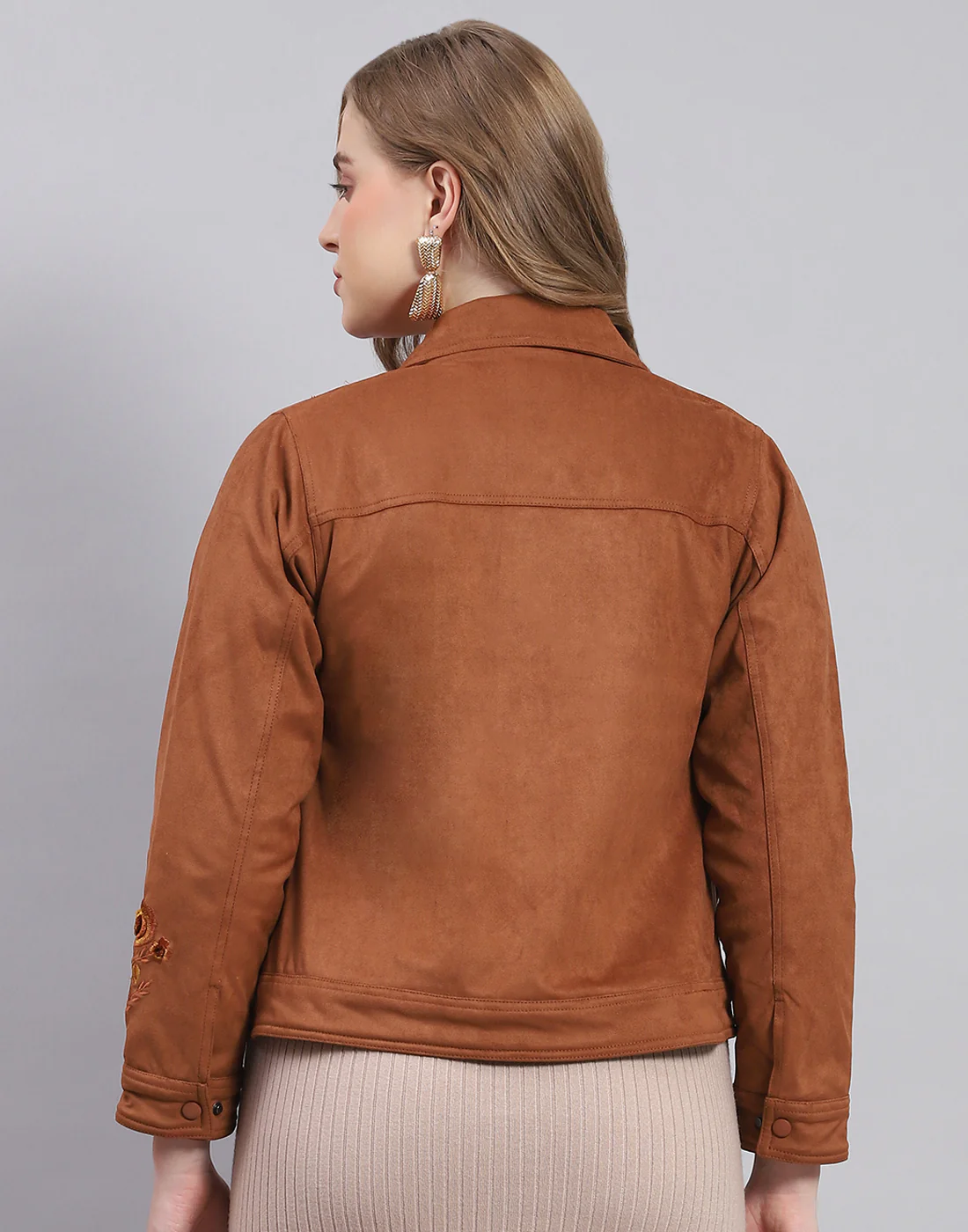 Women Brown Solid Stand Collar Full Sleeve Jacket - Image 5