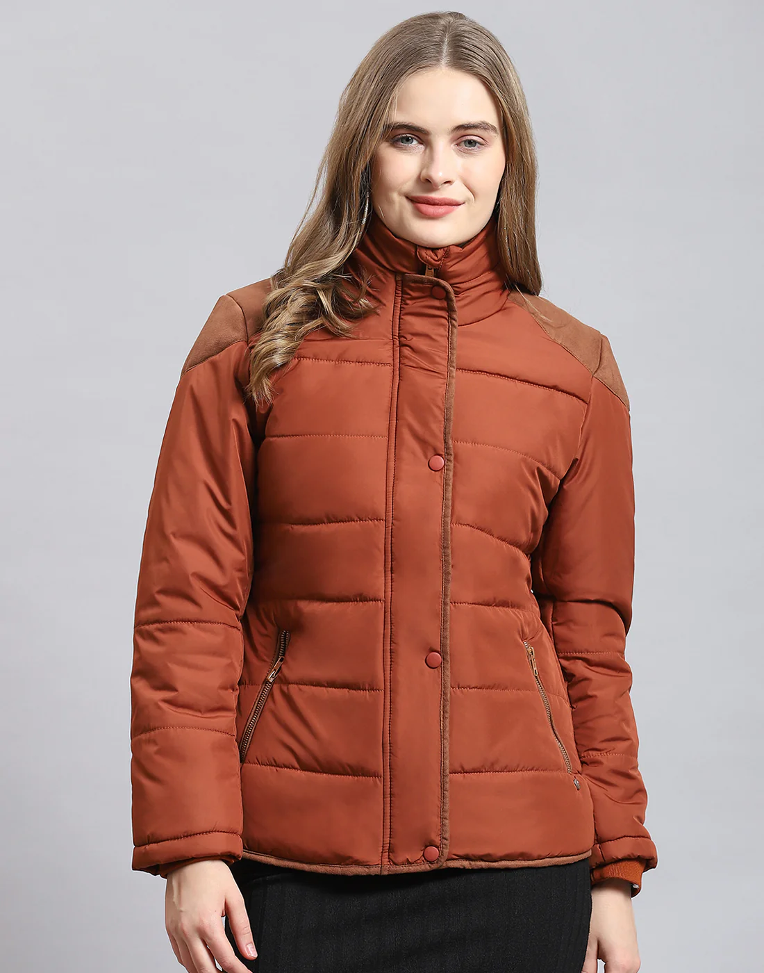 Women Brown Solid Stand Collar Full Sleeve Jacket - Image 2