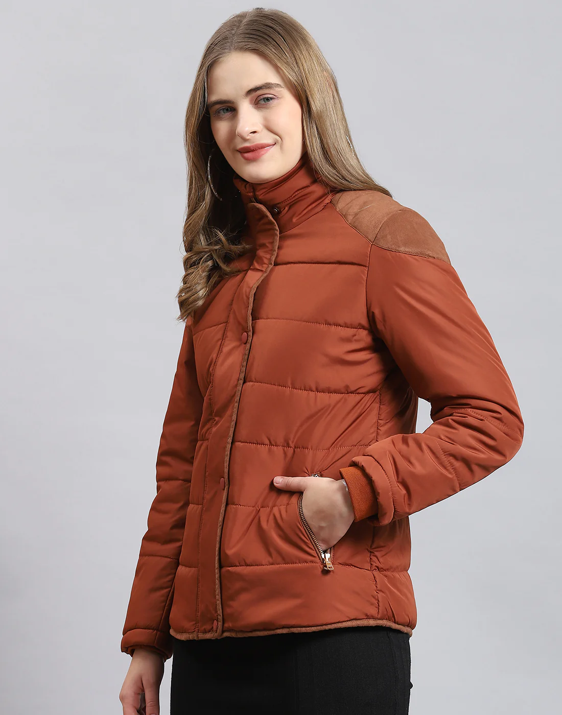 Women Brown Solid Stand Collar Full Sleeve Jacket - Image 3