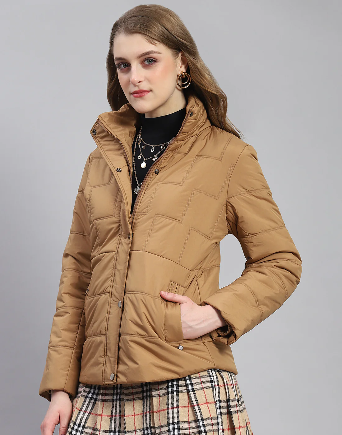 Women Brown Solid Stand Collar Full Sleeve Jacket - Image 3