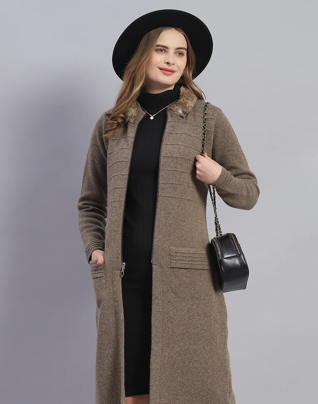 Women Brown Solid Stand Collar Full Sleeve Sweater - Image 7