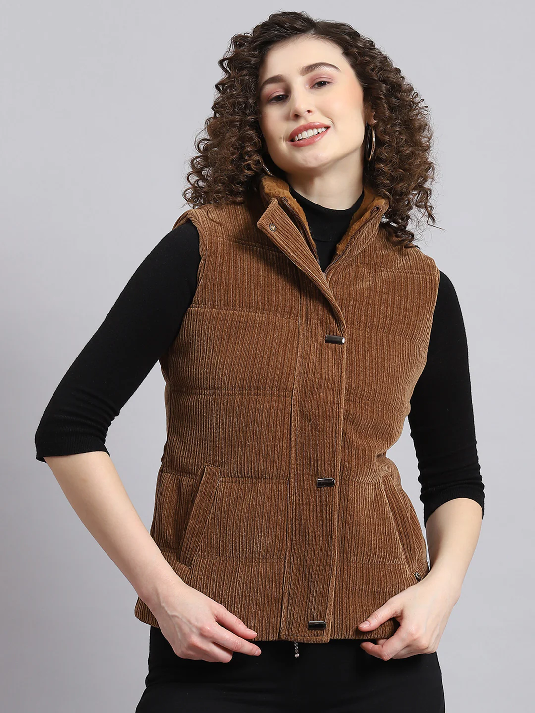 Women Brown Solid Stand Collar Sleeveless Jacket - Image 3