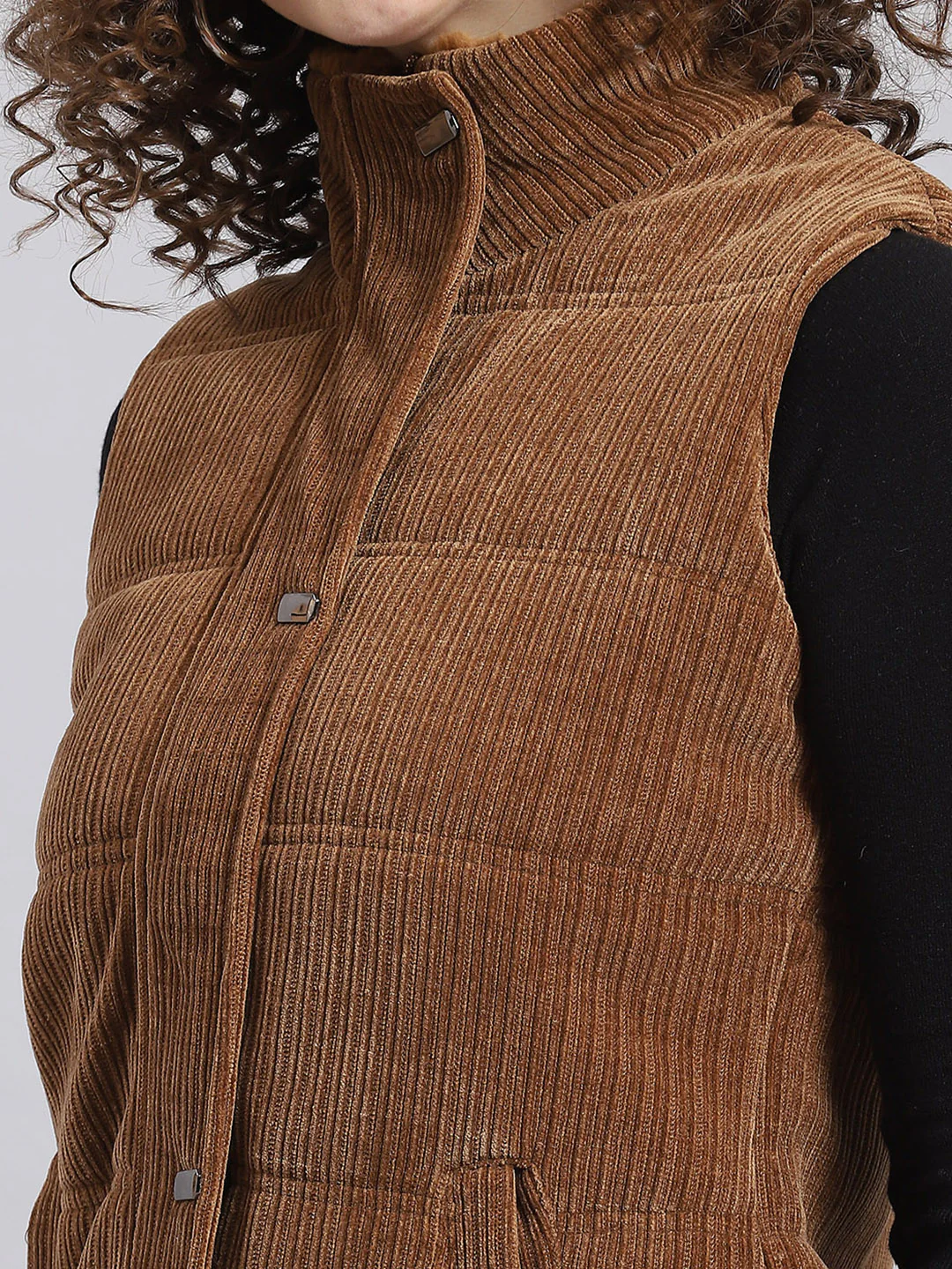 Women Brown Solid Stand Collar Sleeveless Jacket - Image 7