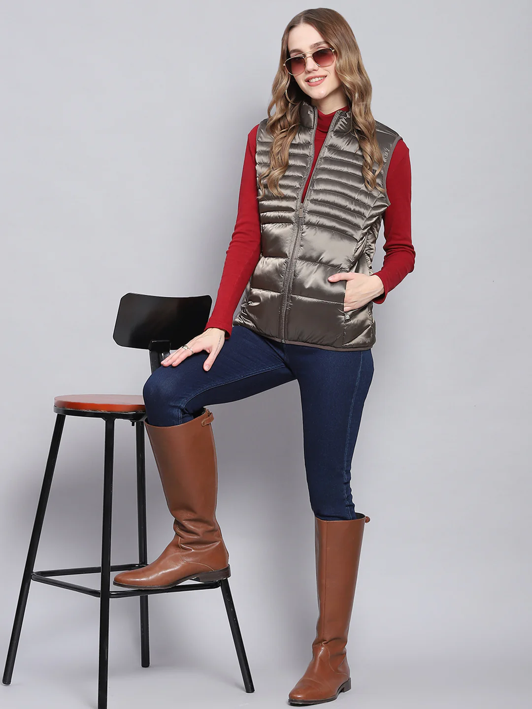 Women Brown Solid Stand Collar Sleeveless Jackets - Image 2