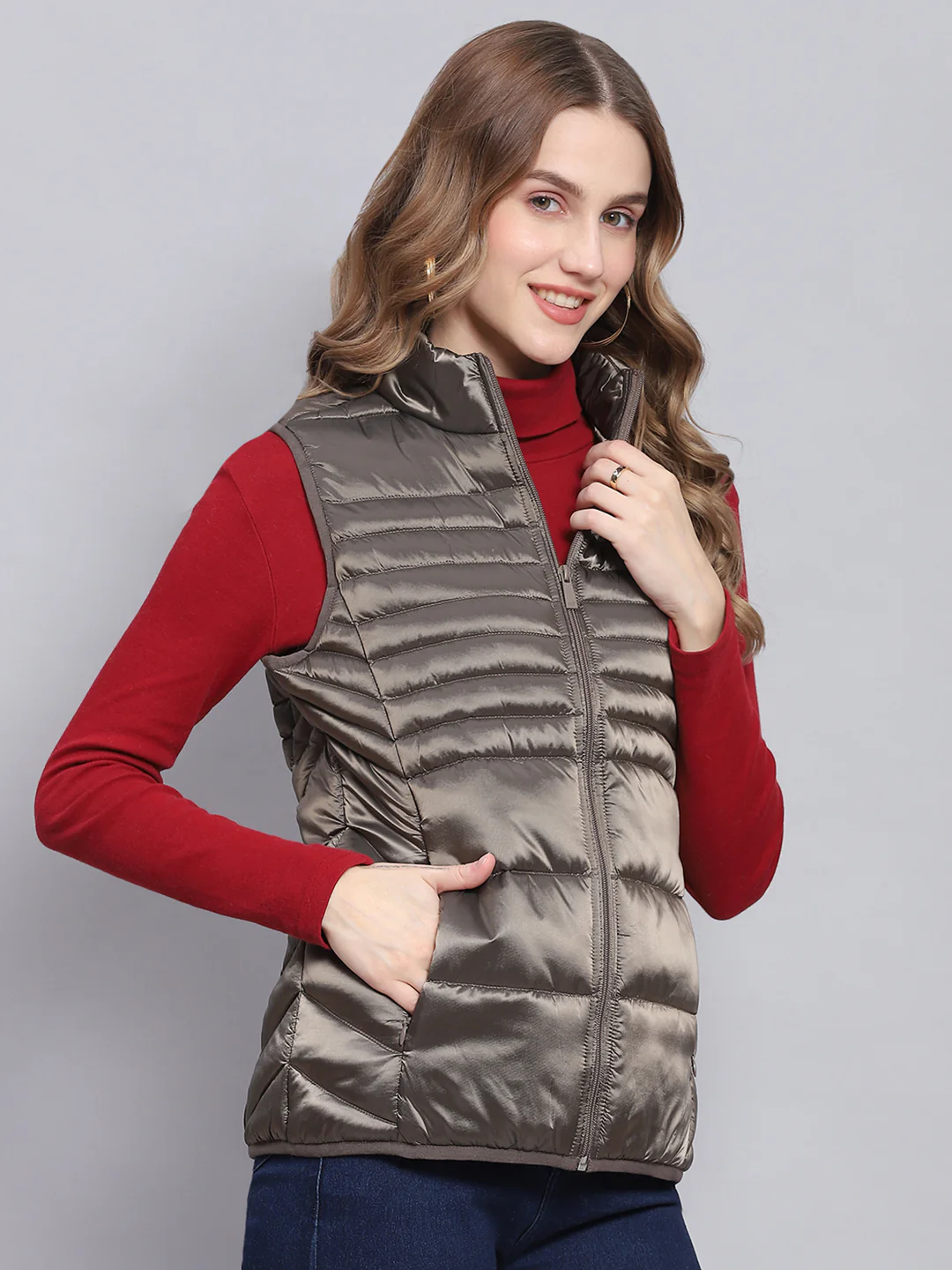 Women Brown Solid Stand Collar Sleeveless Jackets - Image 4