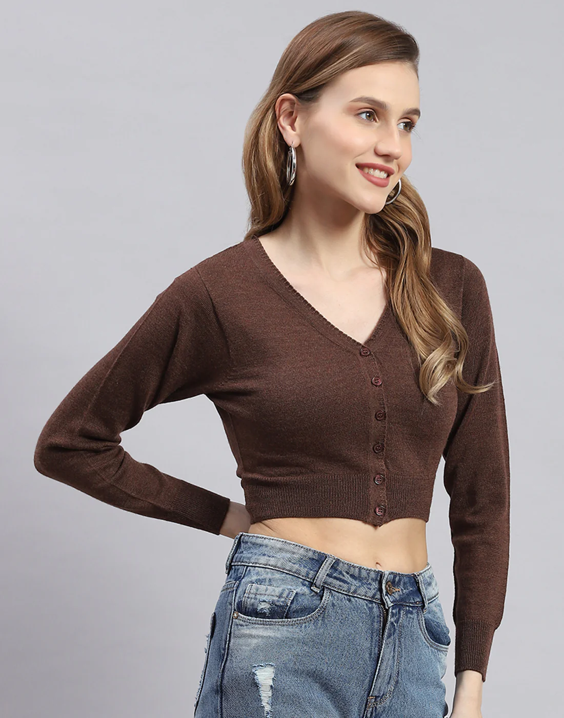 Women Brown Solid V Neck Full Sleeve Blouse - Image 3