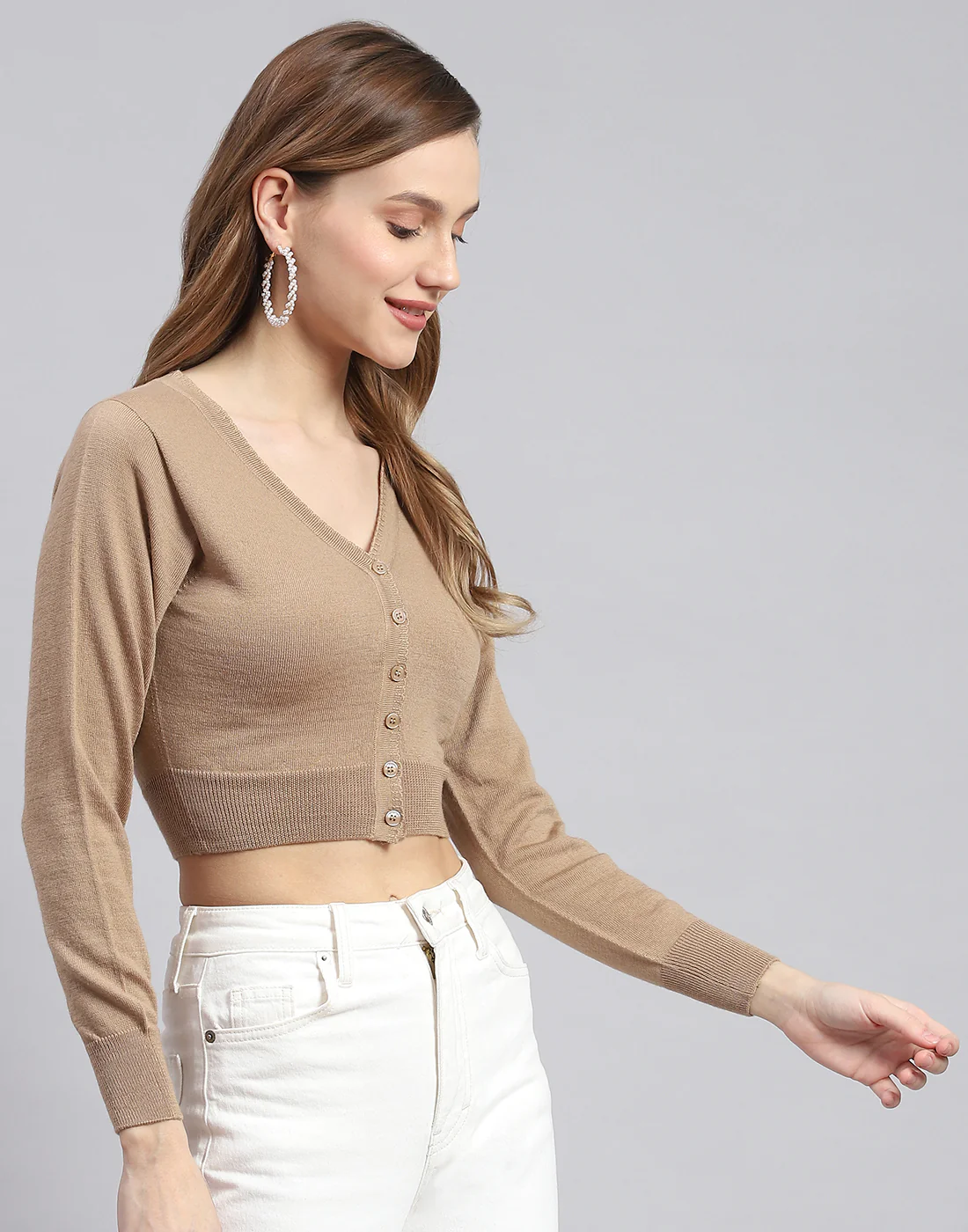 Women Brown Solid V Neck Full Sleeve Blouse - Image 4