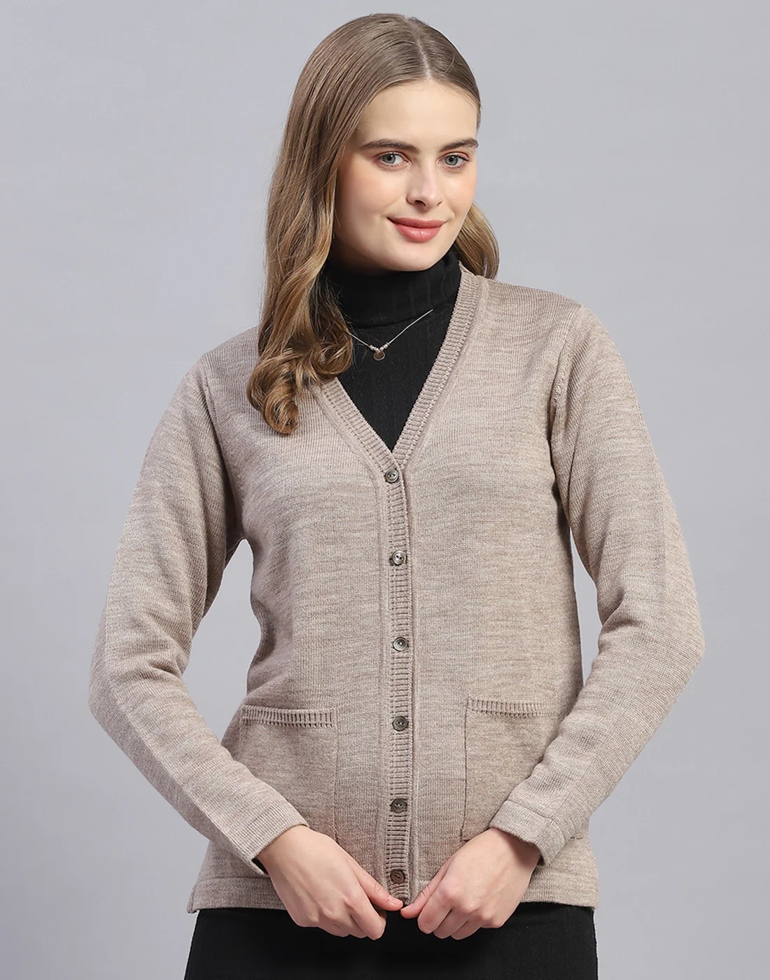 Women Brown Solid V Neck Full Sleeve Cardigan - Image 2