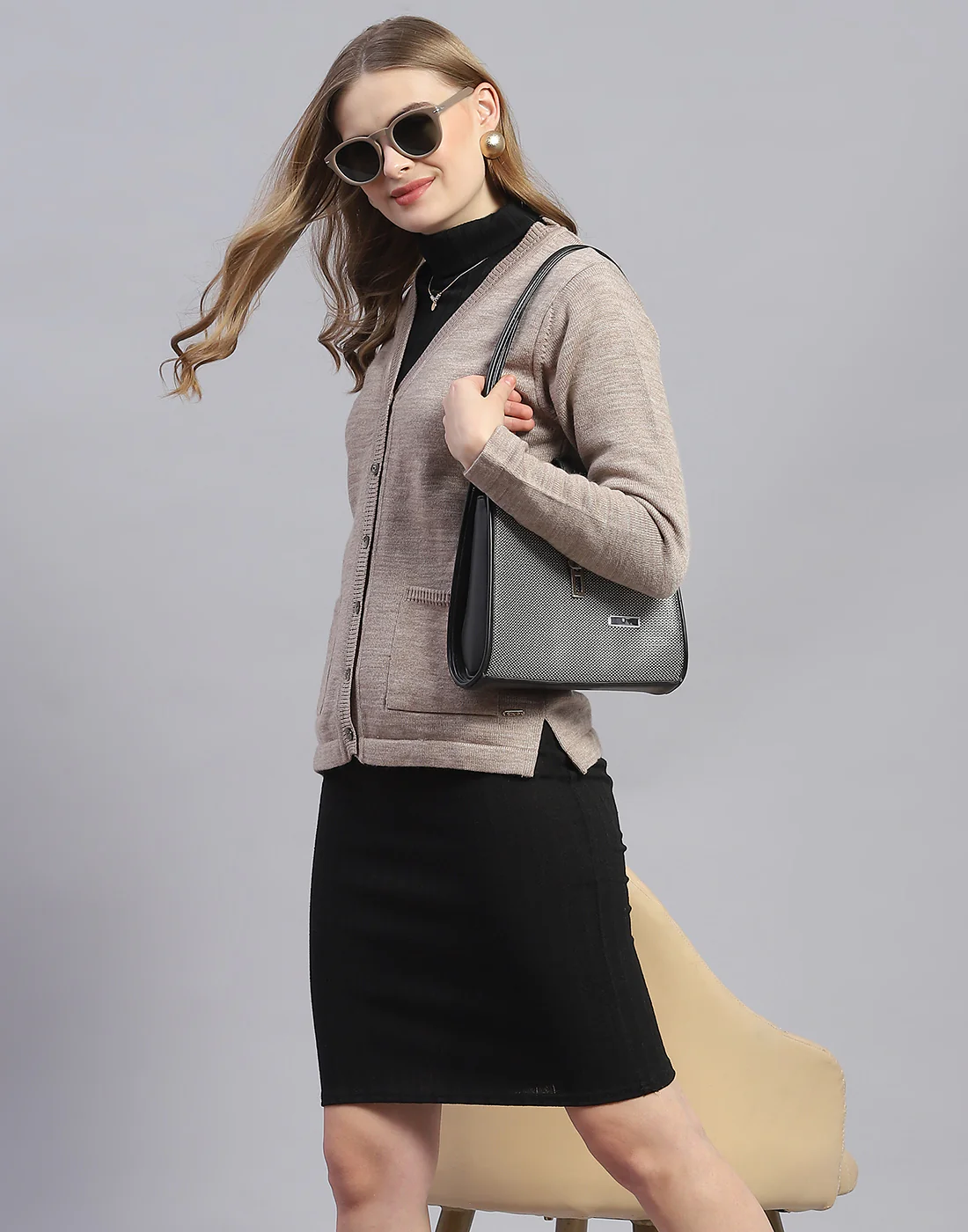 Women Brown Solid V Neck Full Sleeve Cardigan - Image 6