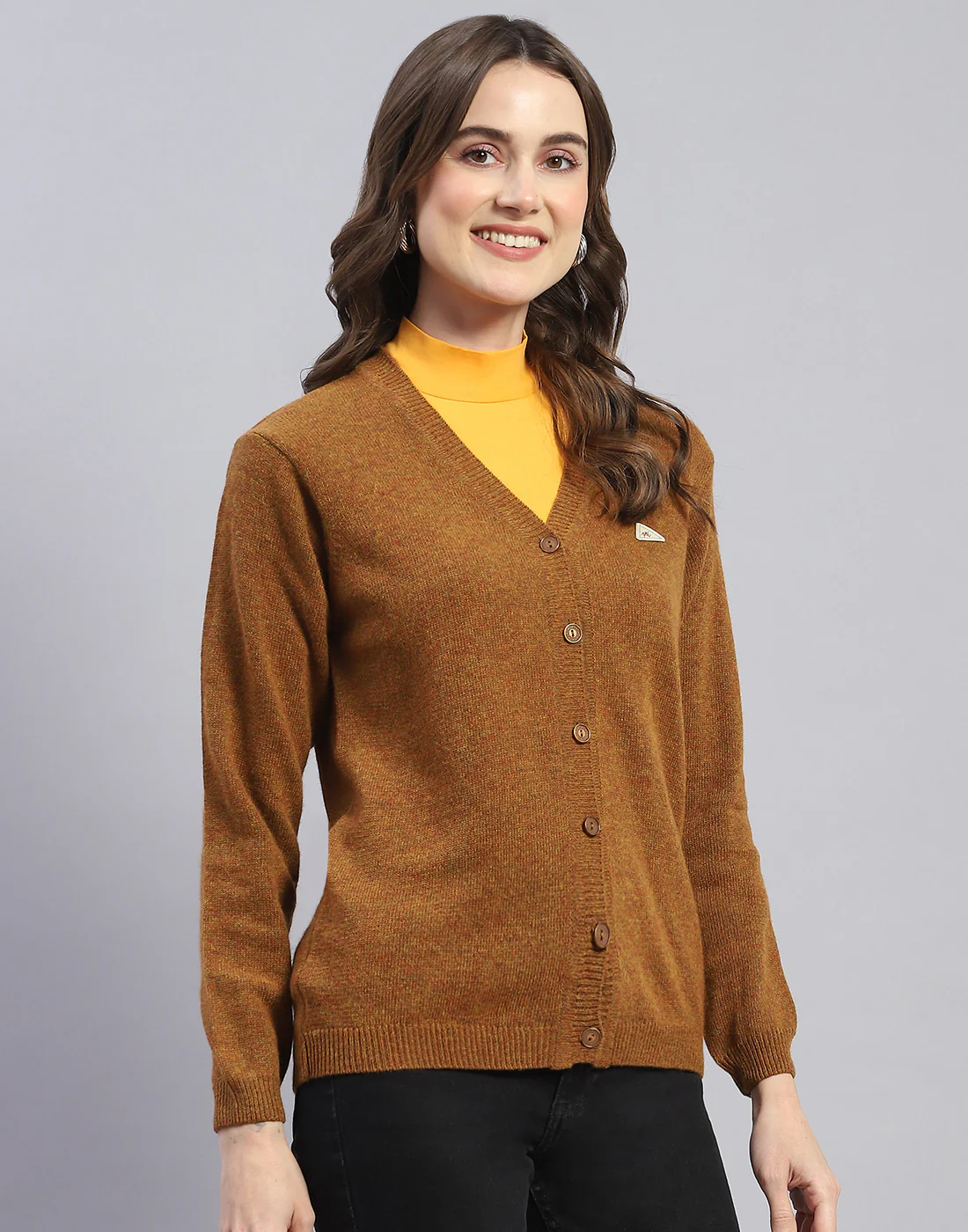 Women Brown Solid V Neck Full Sleeve Cardigan - Image 4