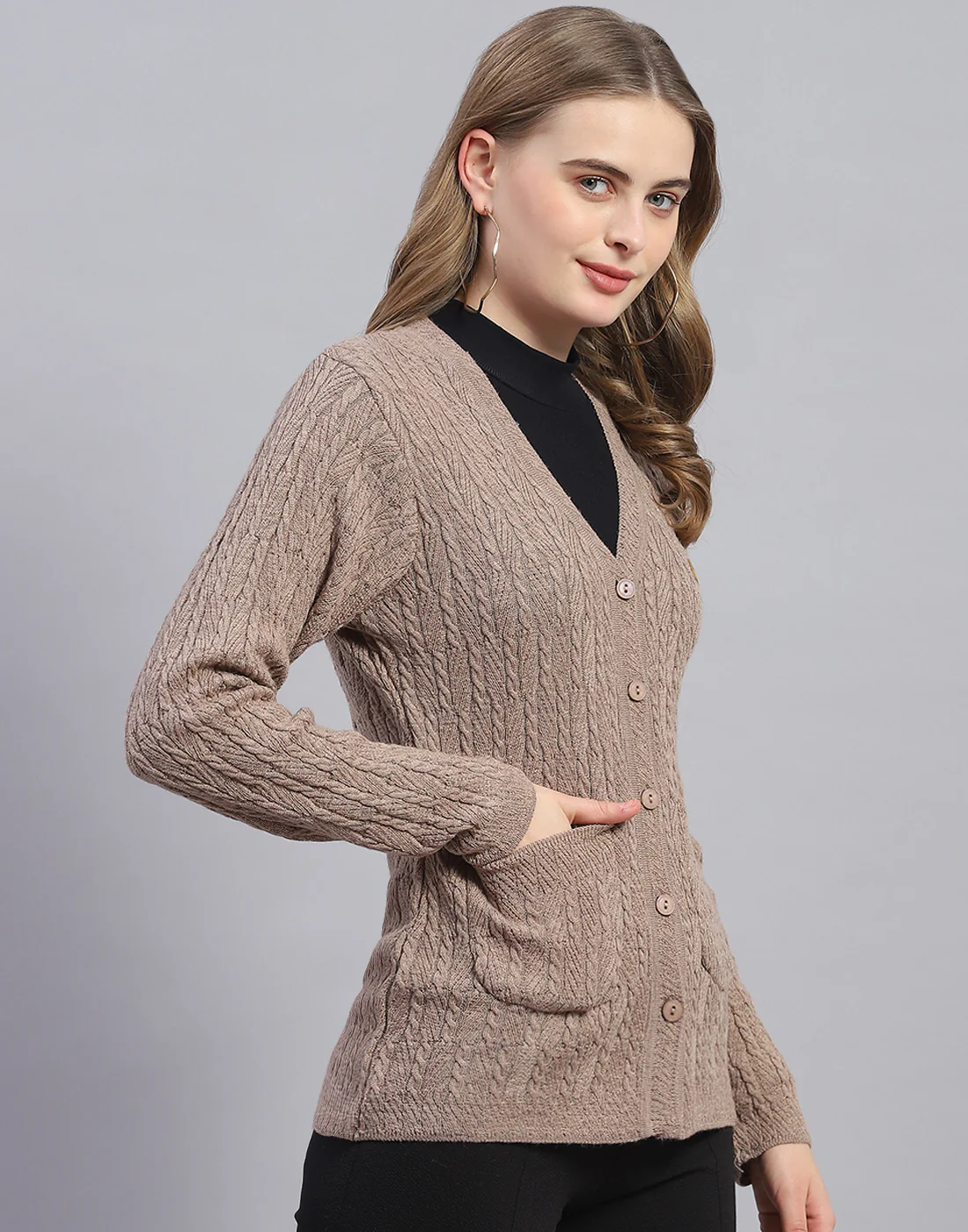 Women Brown Solid V Neck Full Sleeve Cardigan - Image 4