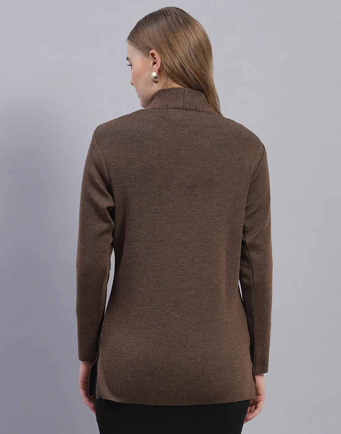 Women Brown Solid V Neck Full Sleeve Cardigan - Image 5