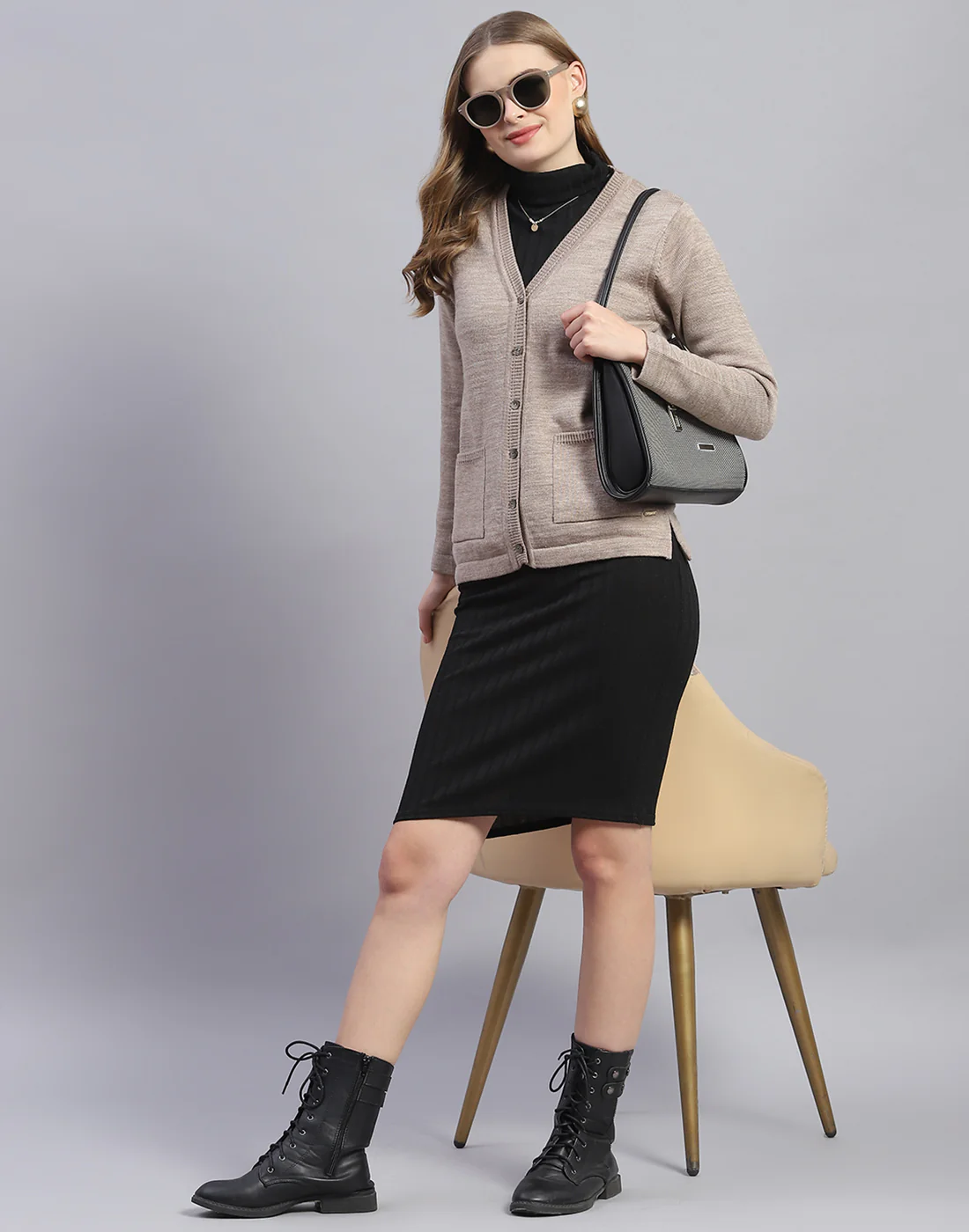 Women Brown Solid V Neck Full Sleeve Cardigan - Image 3