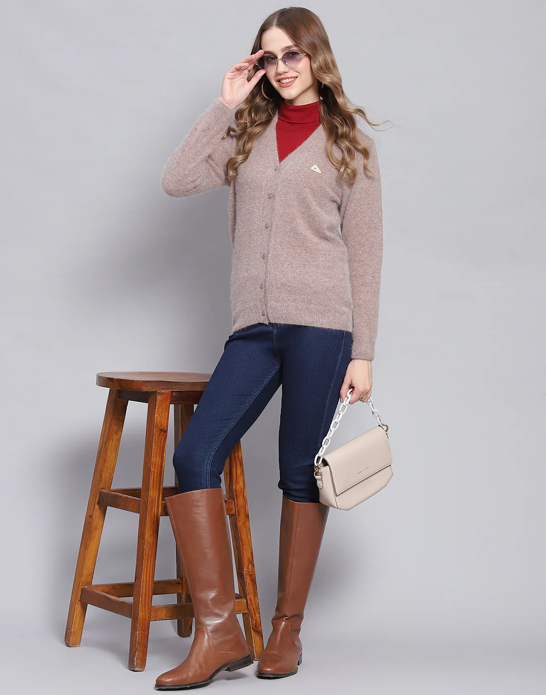 Women Brown Solid V Neck Full Sleeve Cardigan - Image 2