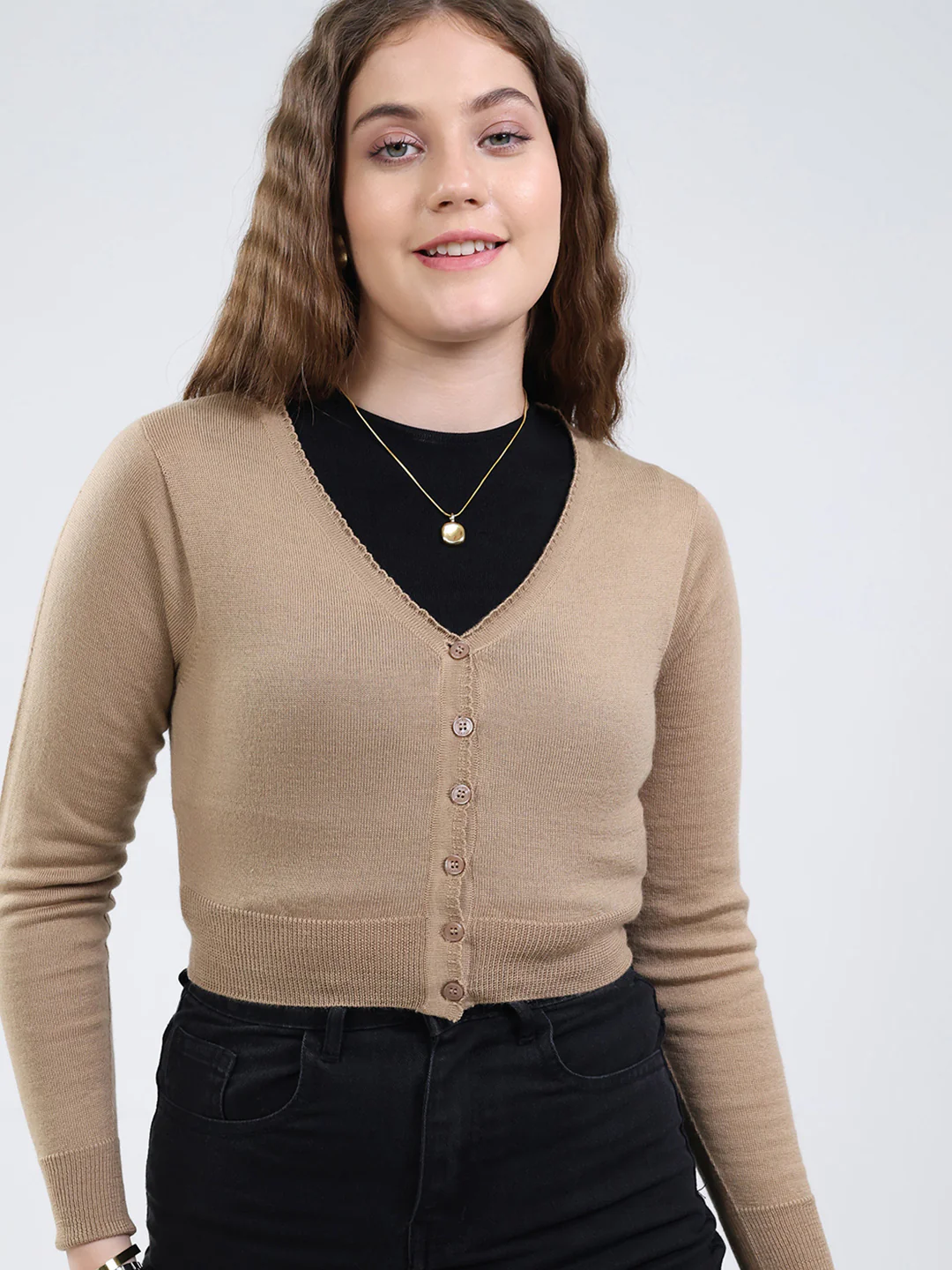 Women Brown Solid V Neck Full Sleeve Cardigan - Image 7