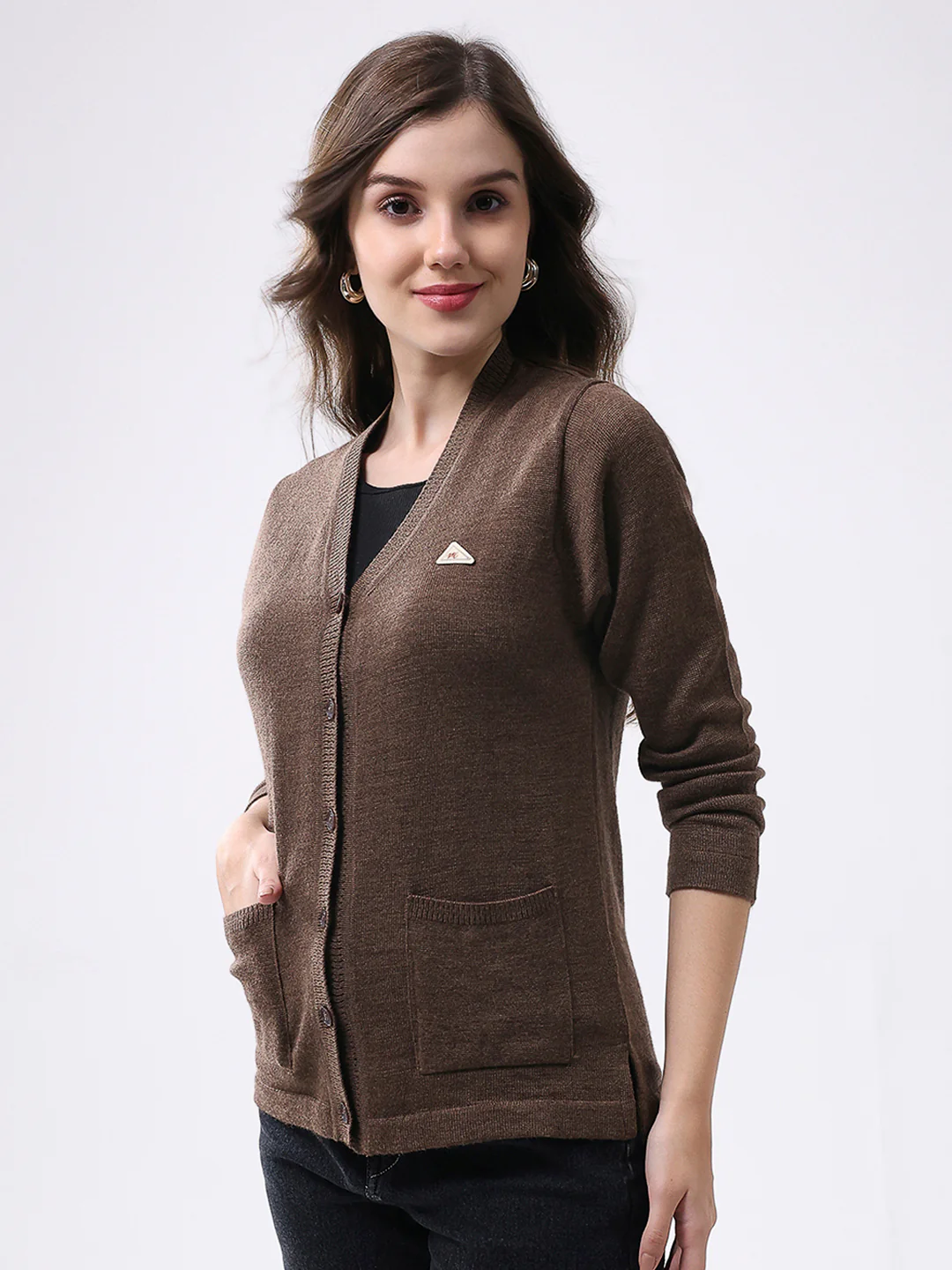 Women Brown Solid V Neck Full Sleeve Cardigan - Image 3