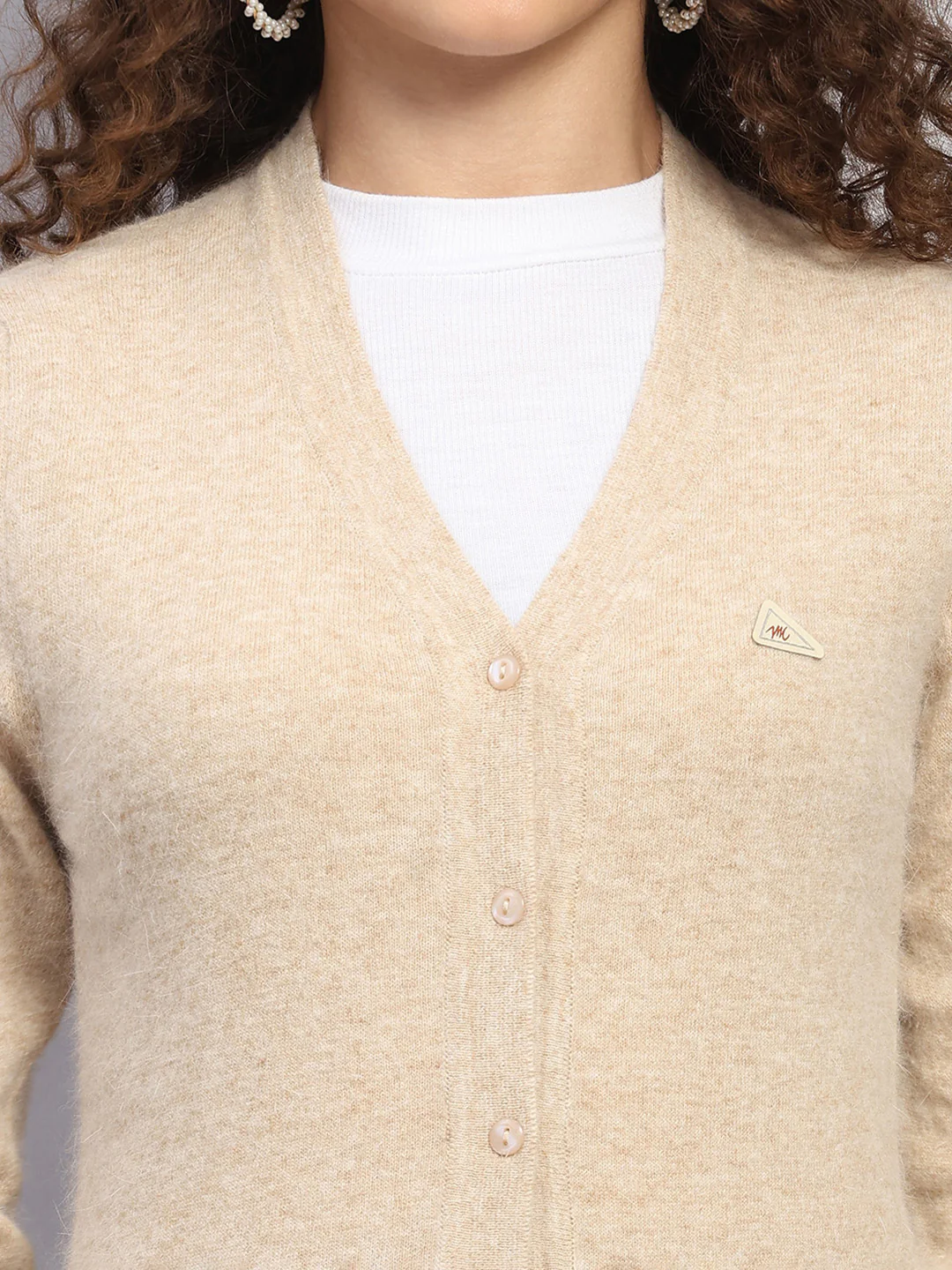 Women Brown Solid V Neck Full Sleeve Cardigan - Image 6
