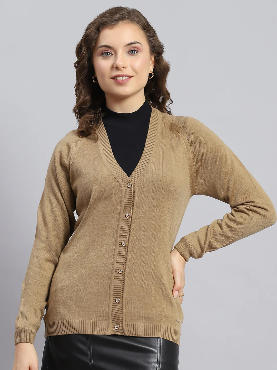 Women Brown Solid V Neck Full Sleeve Cardigans - Image 2
