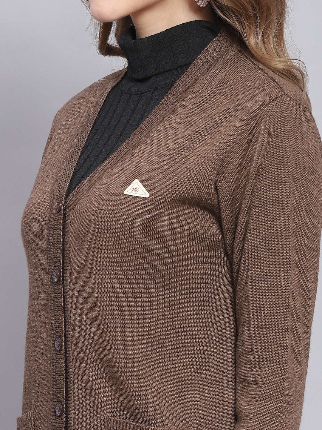 Women Brown Solid V Neck Full Sleeve Cardigans - Image 6