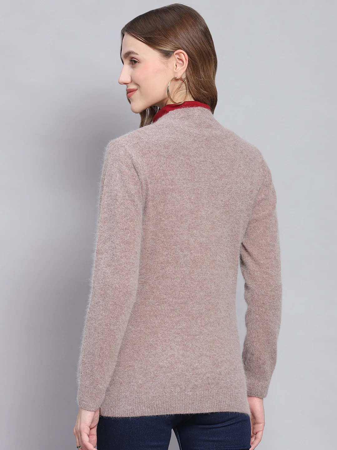 Women Brown Solid V Neck Full Sleeve Cardigans - Image 5