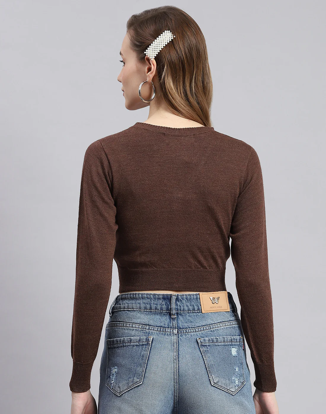 Women Brown Solid V Neck Full Sleeve Sweater - Image 5