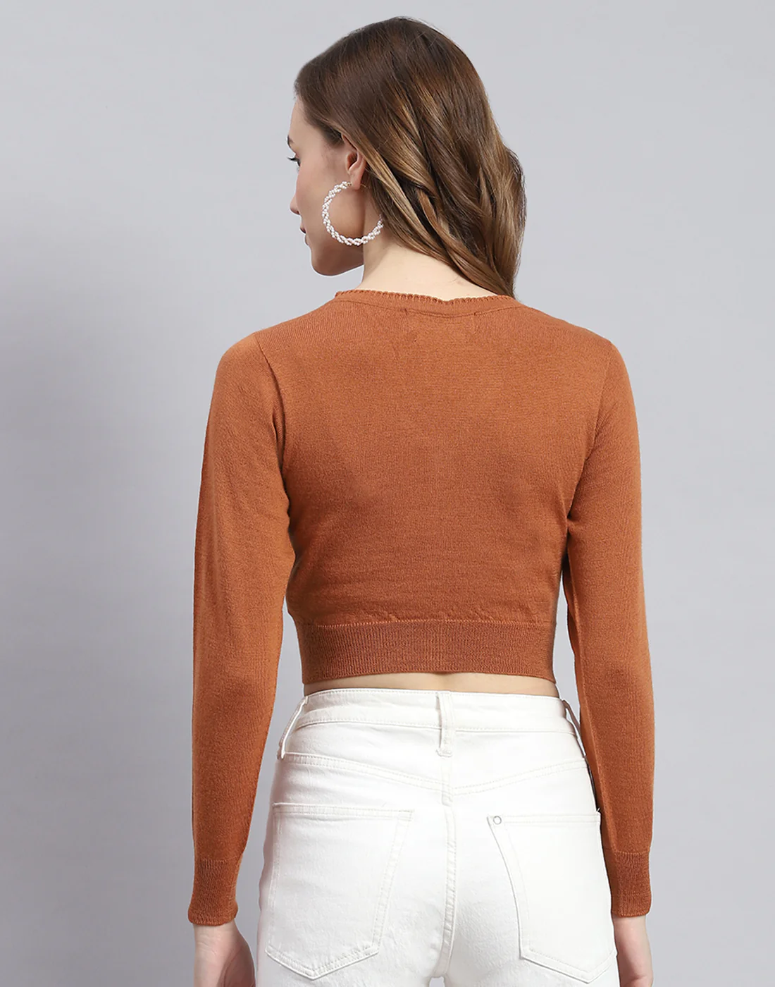 Women Brown Solid V Neck Full Sleeve Sweater - Image 6