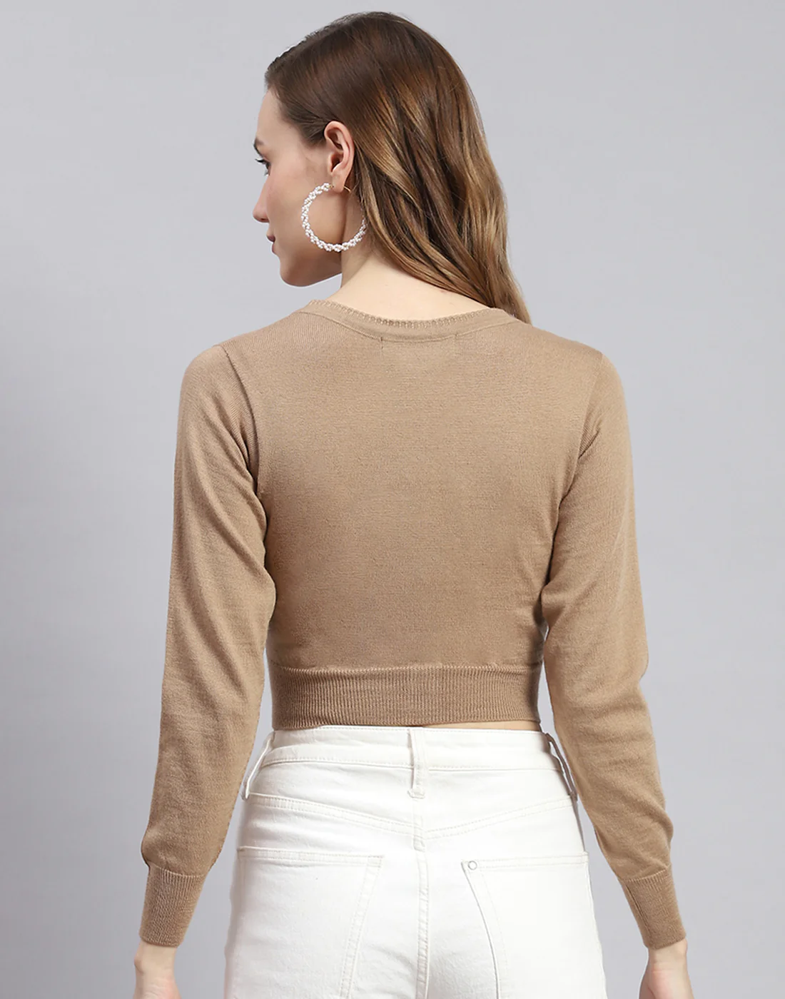 Women Brown Solid V Neck Full Sleeve Sweater - Image 6