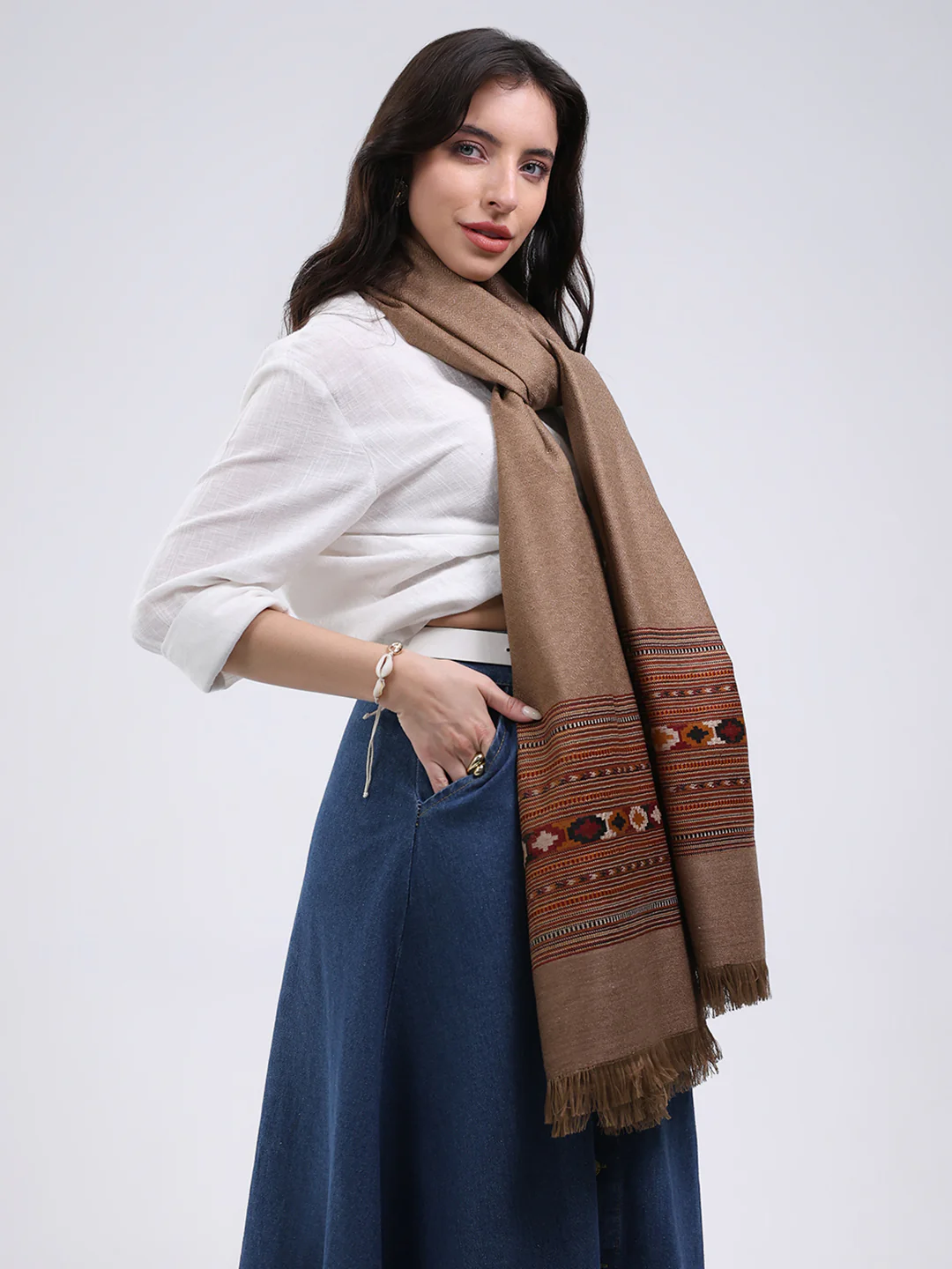 Women Brown Solid Wool Blend Shawl - Image 4