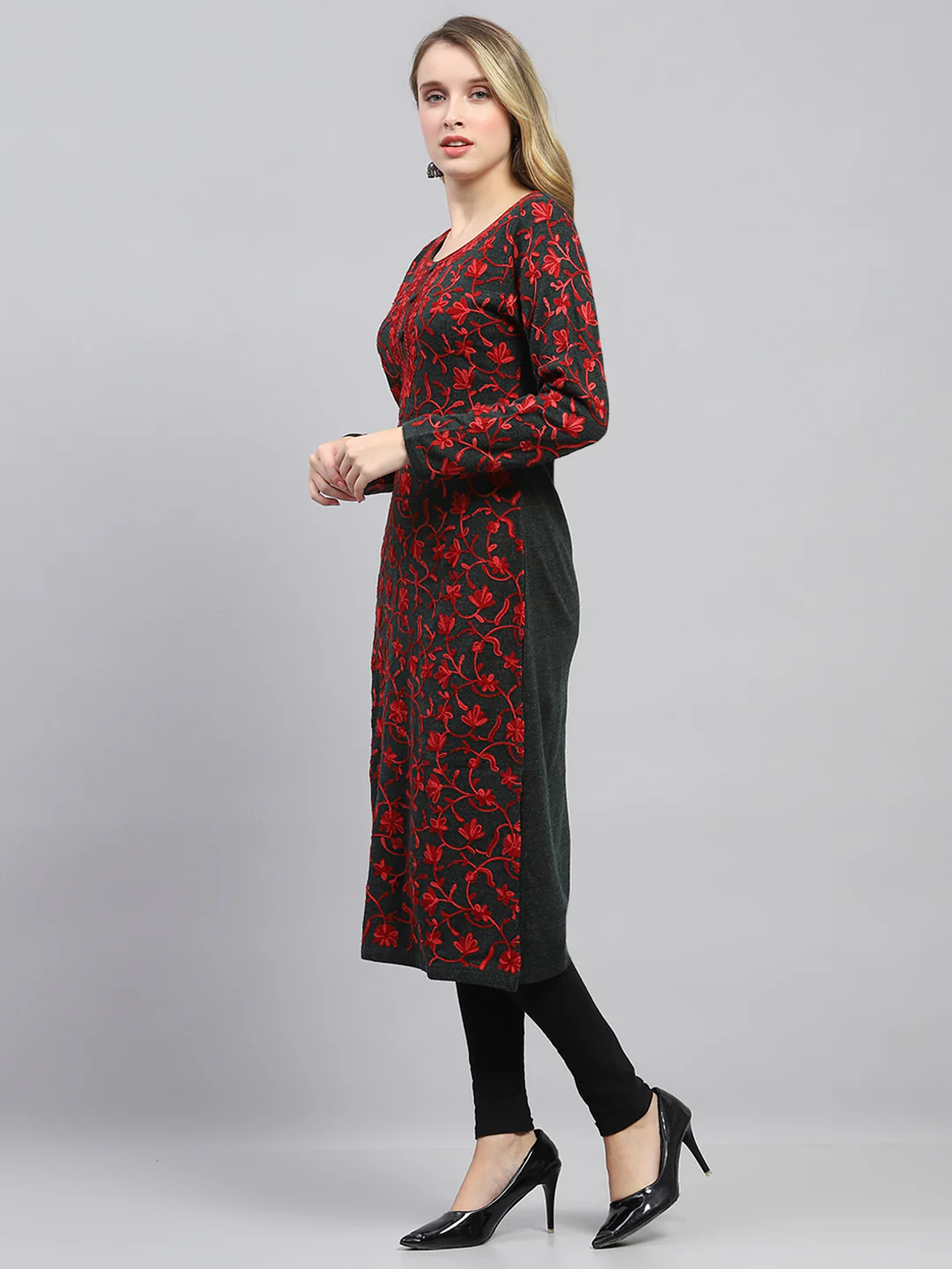 Women Red & Dark Olive Woven Design Round Neck Full Sleeve Winter Kurti - Image 3