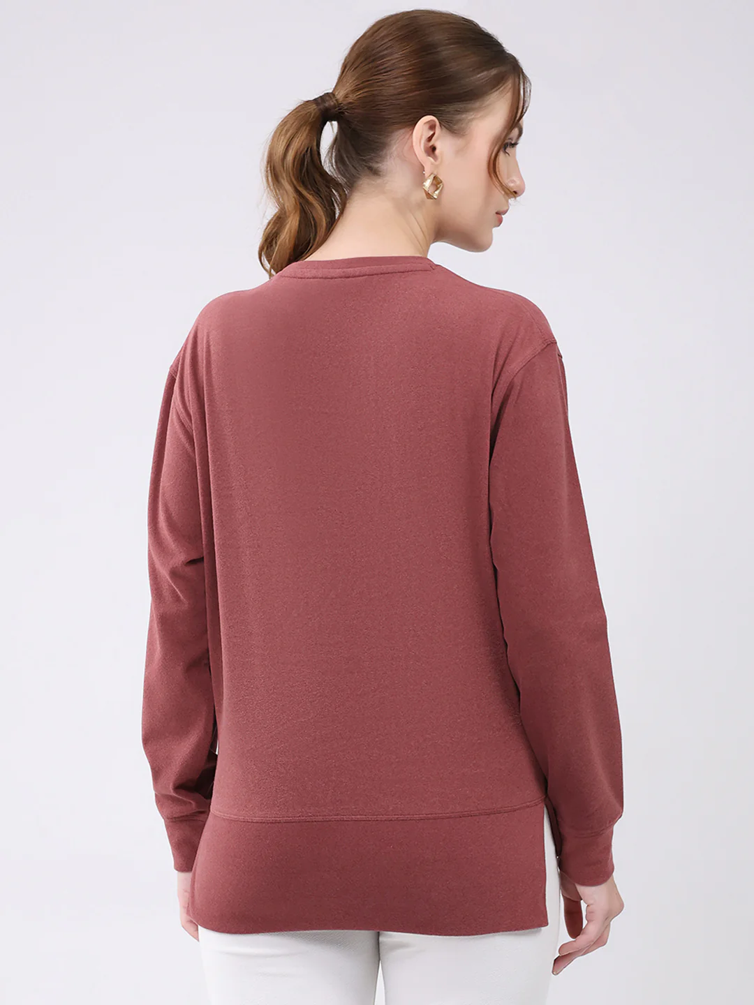 Women Burgundy Embroidered Round Neck Full Sleeve Winter Top - Image 5