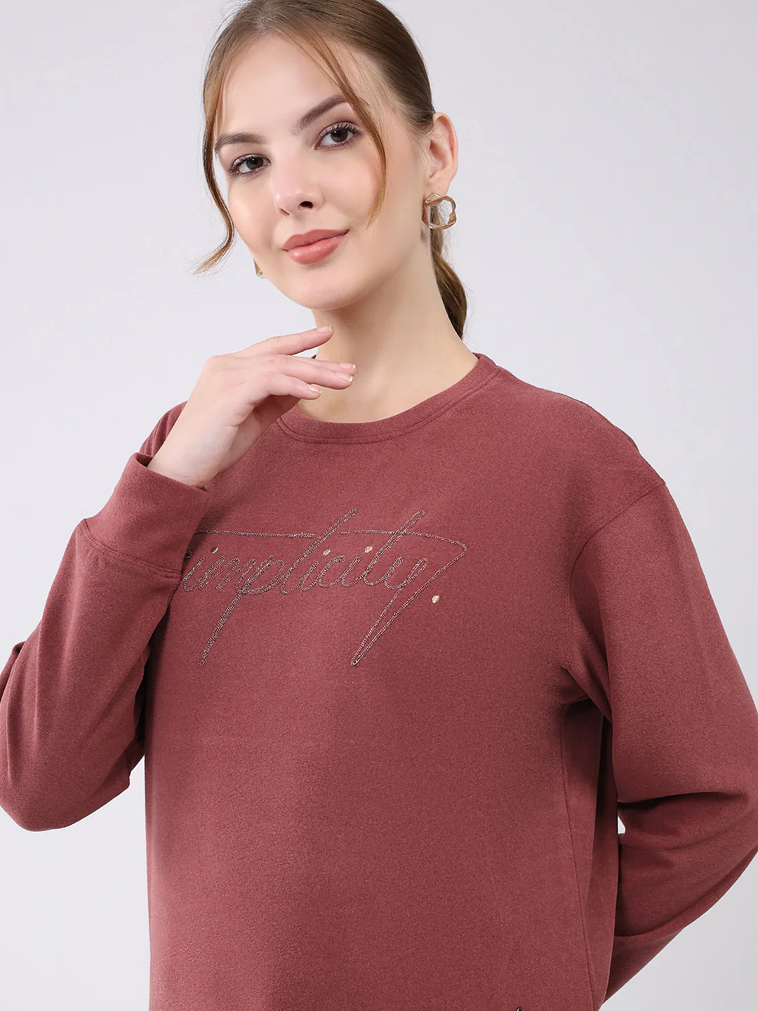 Women Burgundy Embroidered Round Neck Full Sleeve Winter Top - Image 6