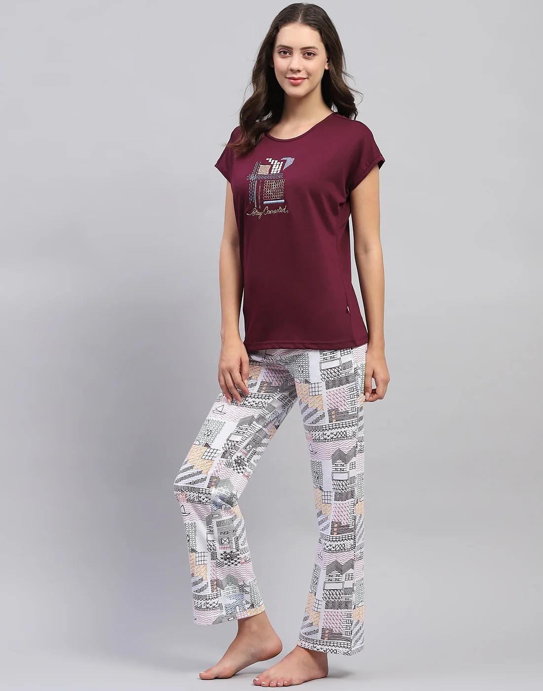 Women Burgundy Embroidered Round Neck Half Sleeve Lower Set - Image 4