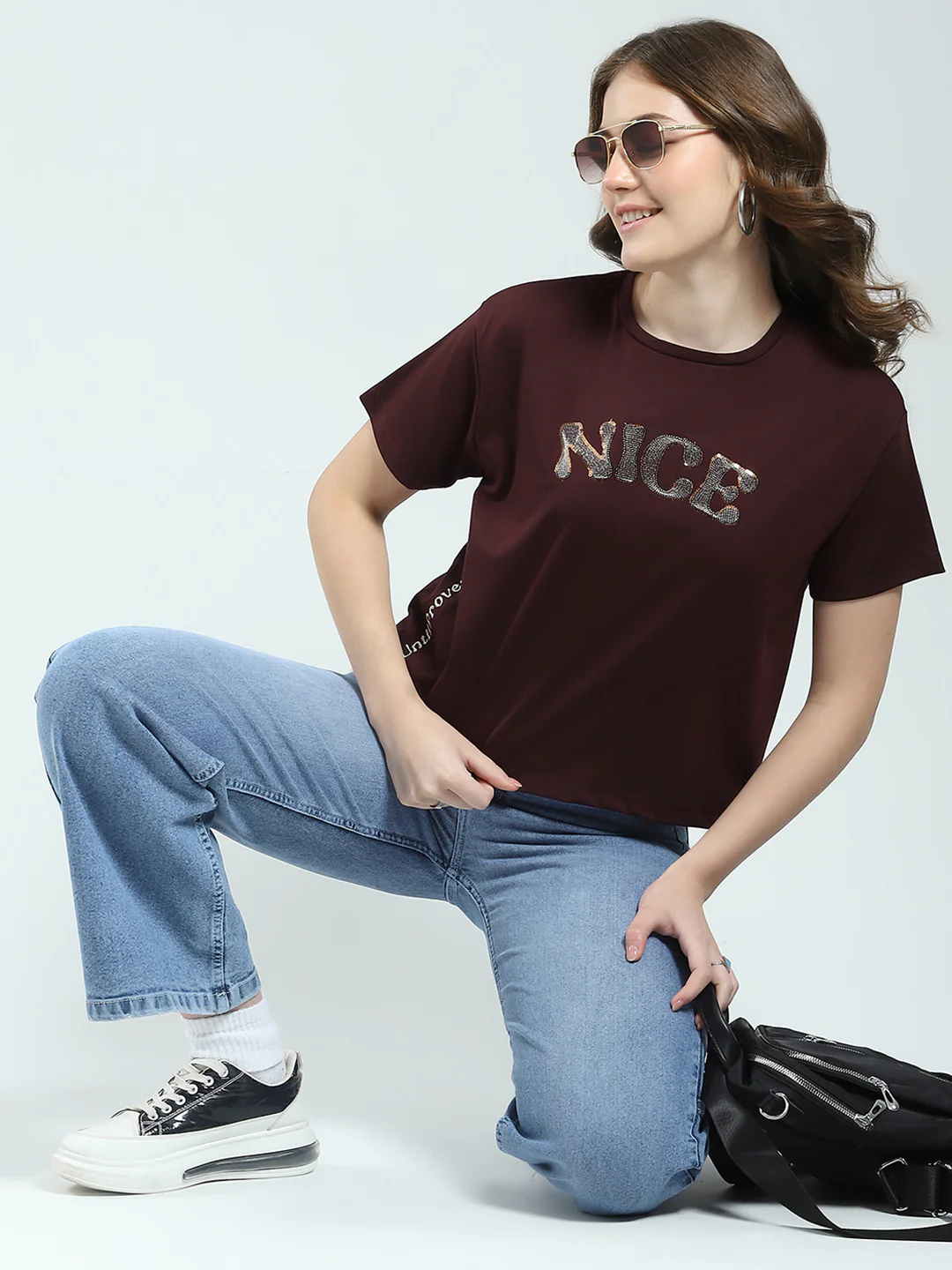 Women Burgundy Embroidered Round Neck Half Sleeve Top - Image 2